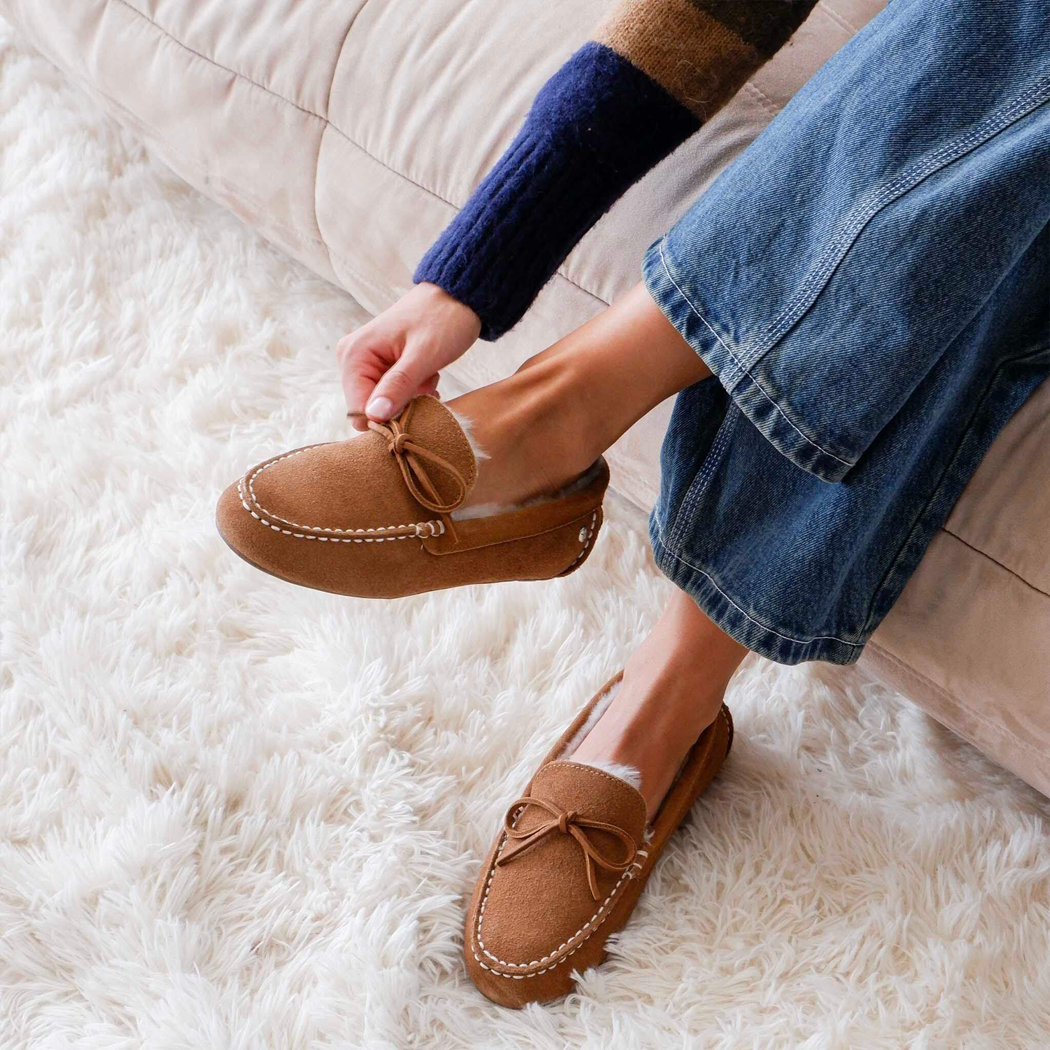 EMU Sandrine Slippers - Camel, soft suede moccasin slippers with sheepskin lining, perfect for indoor and outdoor wear.