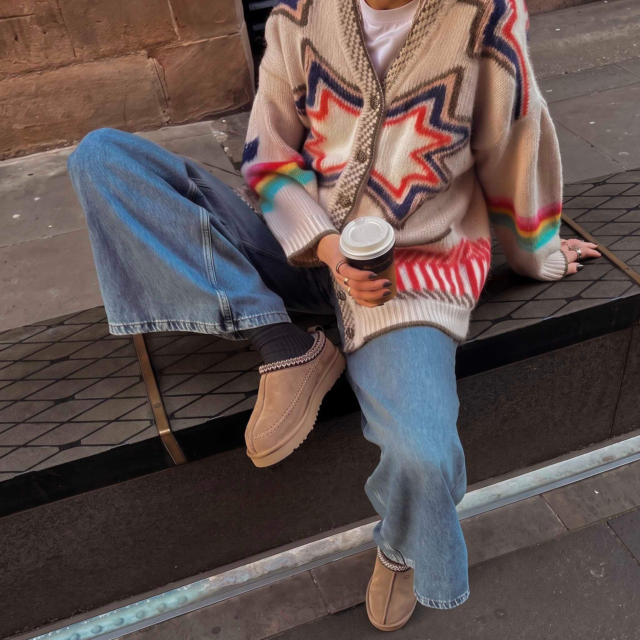 EMU Sharky Adventure Scuff Slippers - Camel worn with stylish outfit, featuring cozy knit cardigan and relaxed denim.