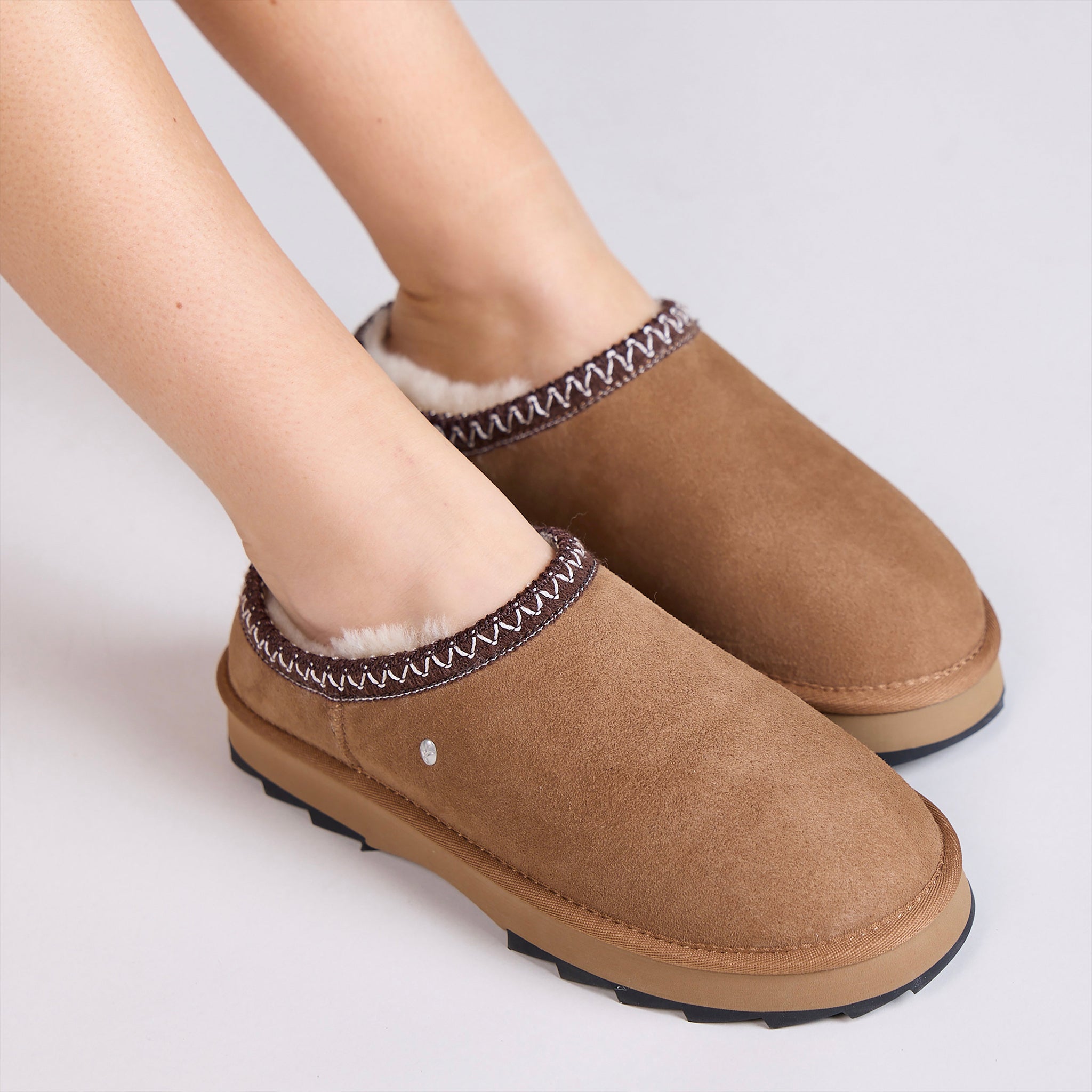 Alt Tag: EMU Sharky Scuff Slippers - Chestnut sheepskin slip-on slippers with plush lining and Sharky sole grip