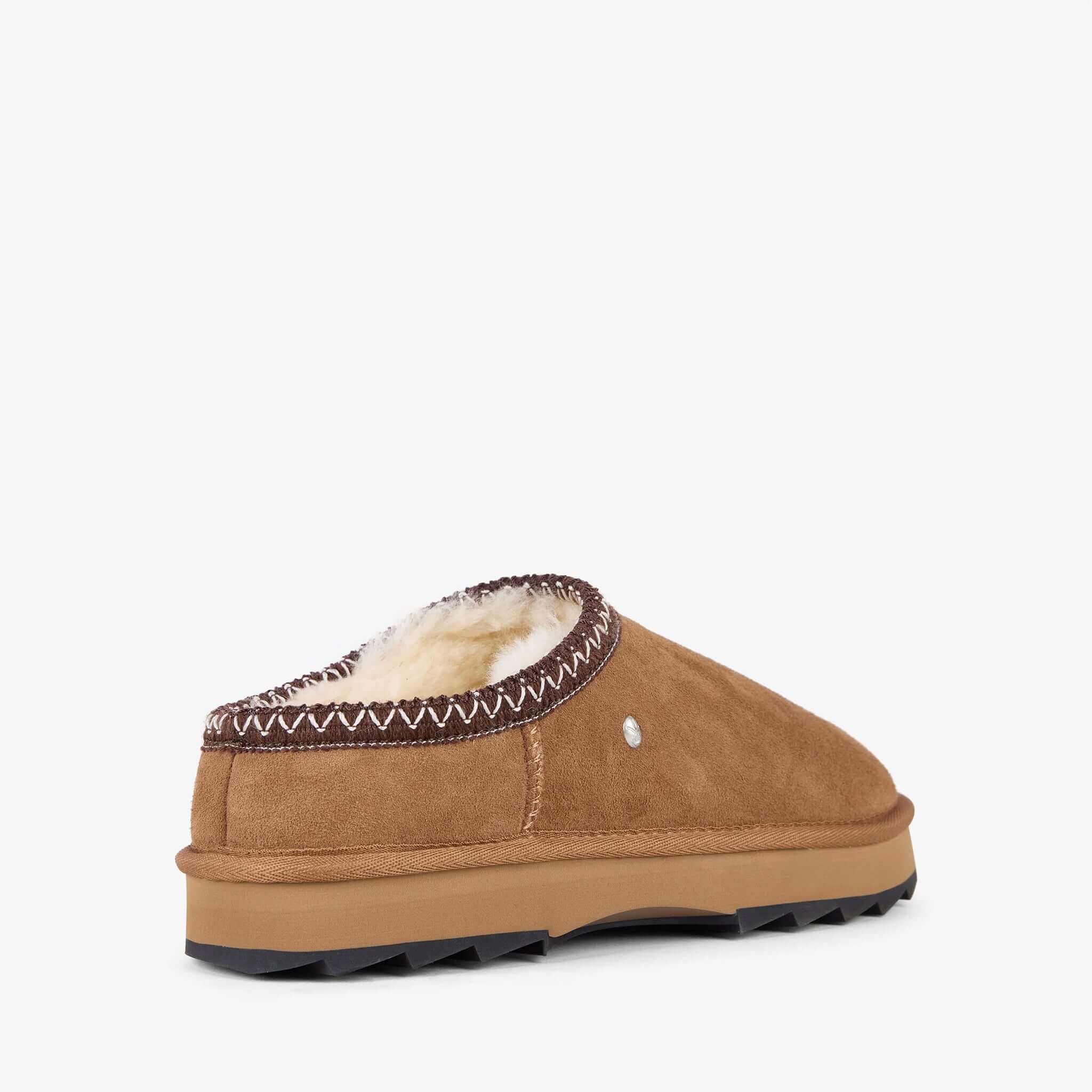 Alt Tag: EMU Sharky Scuff Slippers - Chestnut sheepskin slip-on slippers with plush lining and grippy Sharky sole, side view