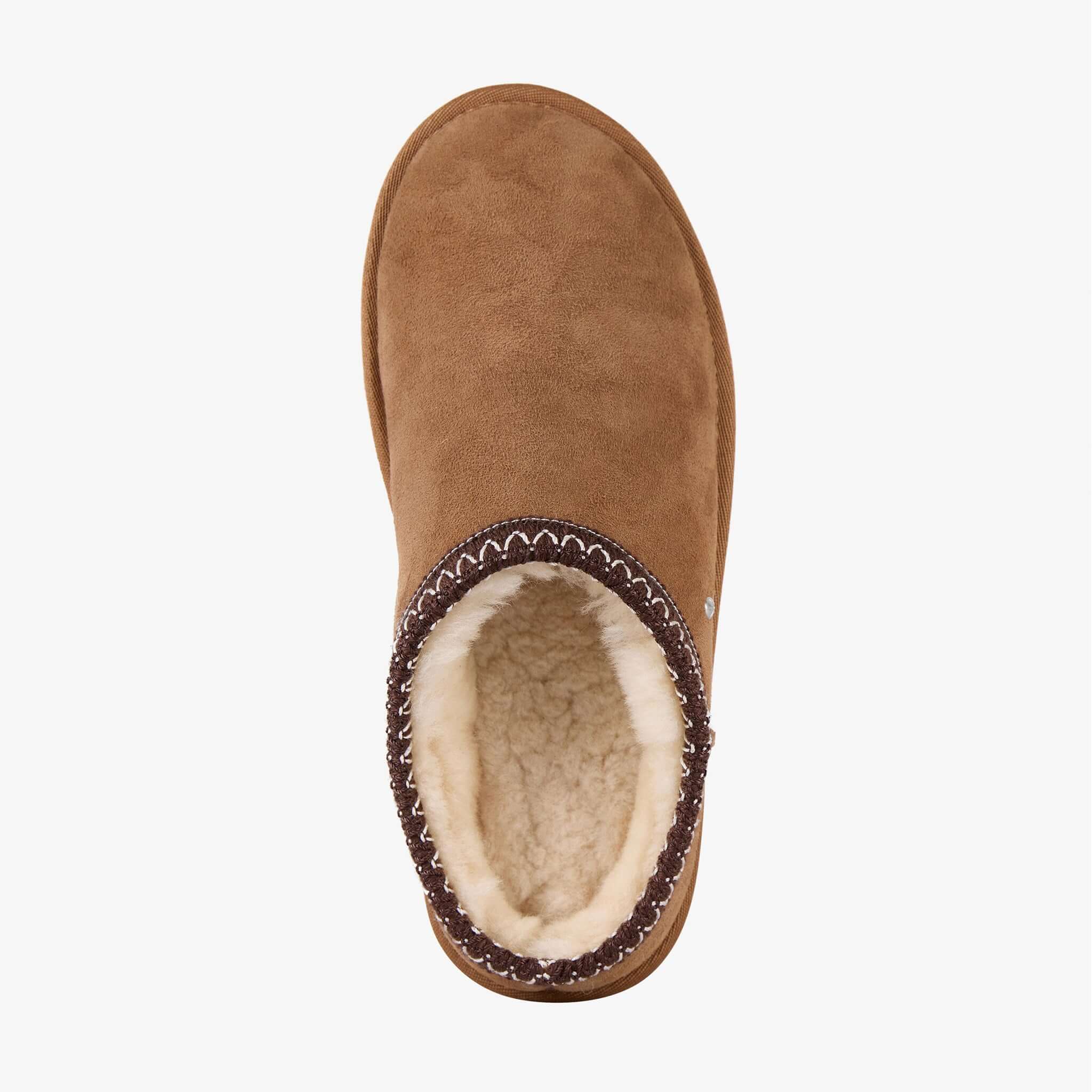Alt Tag: EMU Sharky Scuff Slippers - Chestnut sheepskin slip-on slippers top view, plush lining and grippy Sharky sole comfort