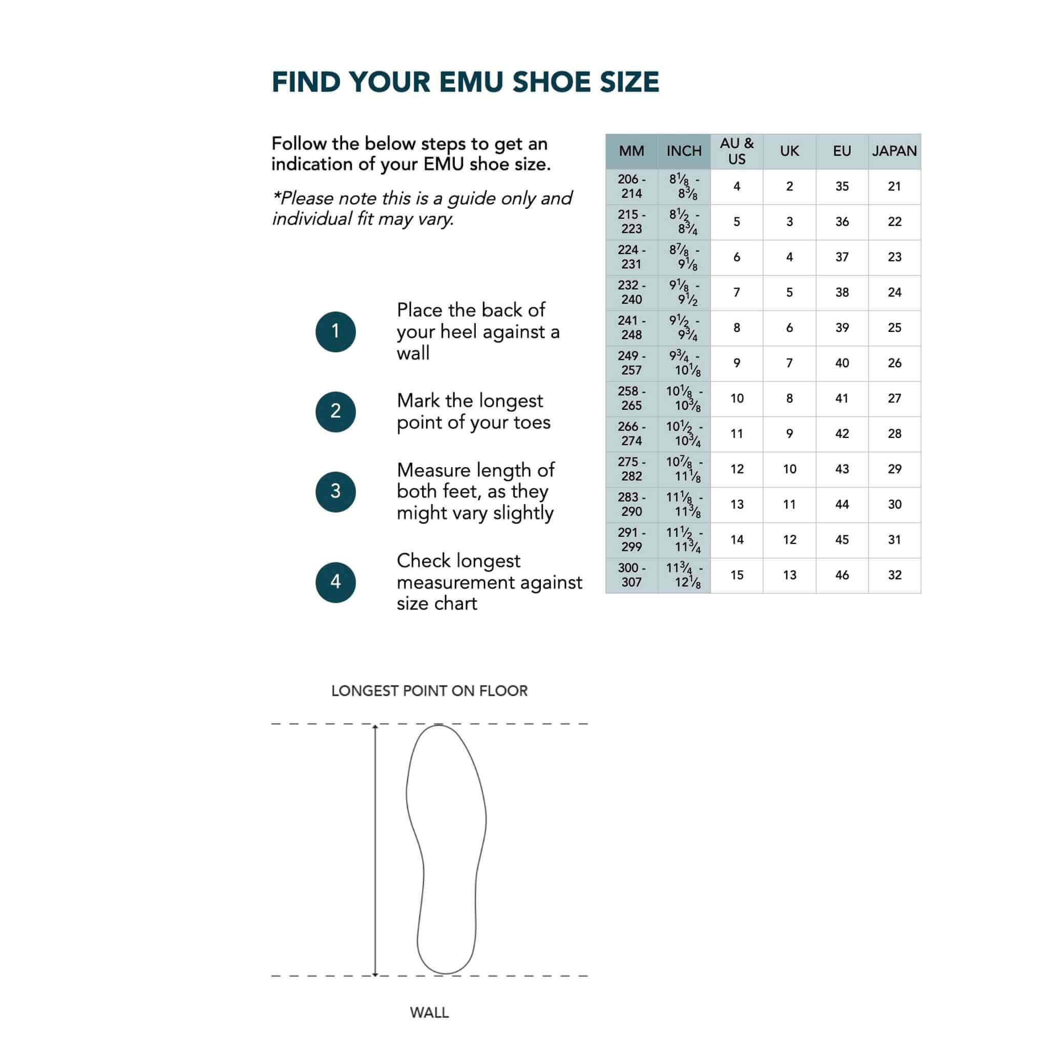 EMU Ashton Slippers -  Natural size guide chart showing how to measure foot length and match EMU shoe sizes