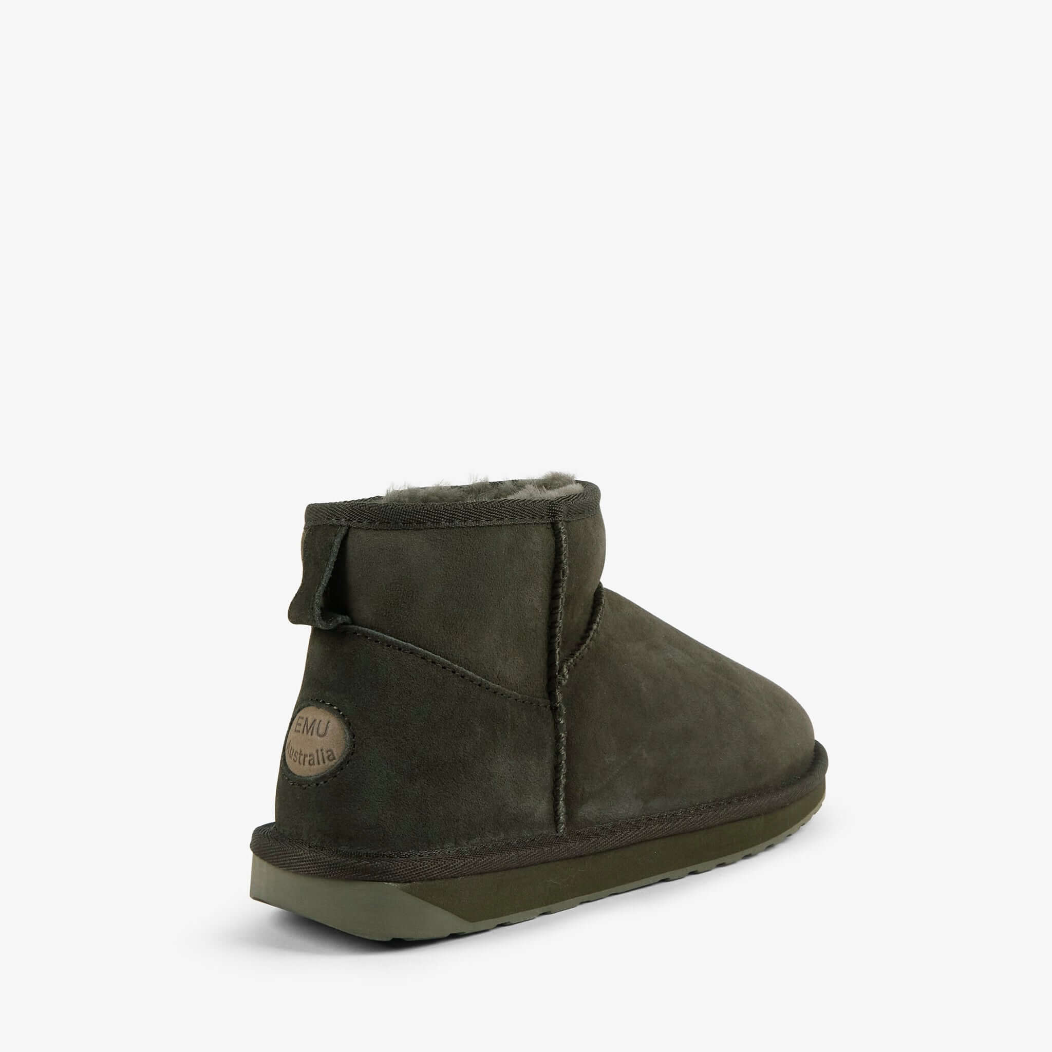 Alt Tag: EMU Stinger Micro Slippers - Dark Olive women's ankle-height sheepskin slippers, rear view, water-resistant minimalist comfort