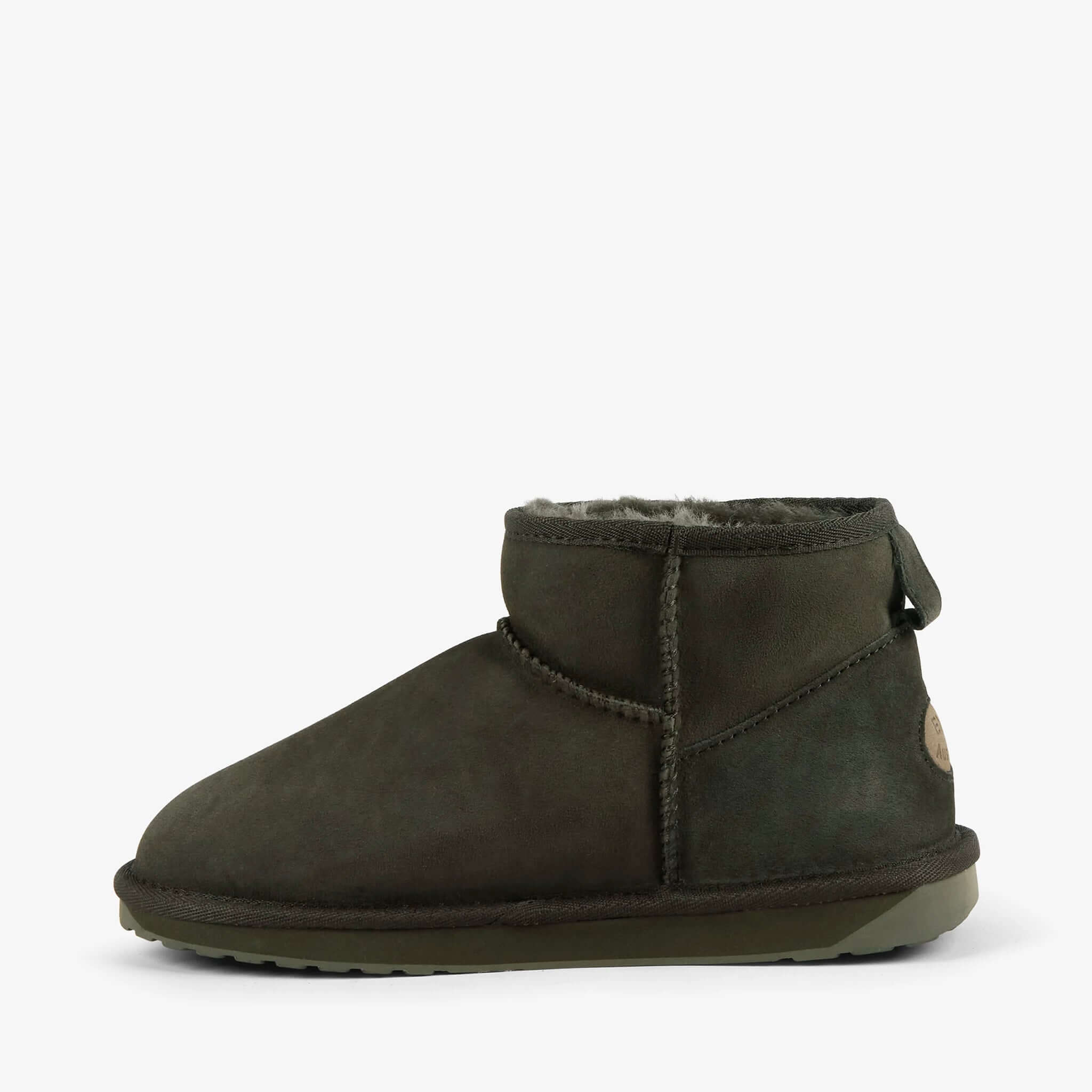 Alt Tag: EMU Stinger Micro Slippers - Dark Olive women’s sheepskin ankle slippers, water-resistant minimalist comfort, side view