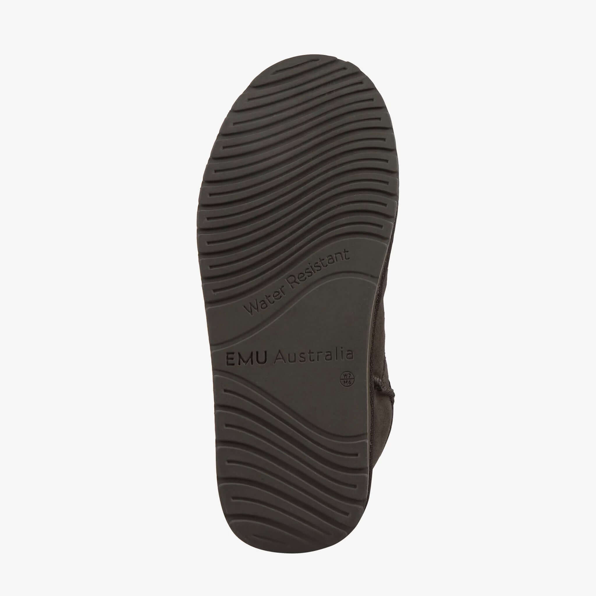 Alt Tag: EMU Stinger Micro Slippers - Dark Olive outsole view with water resistant tread and durable sole
