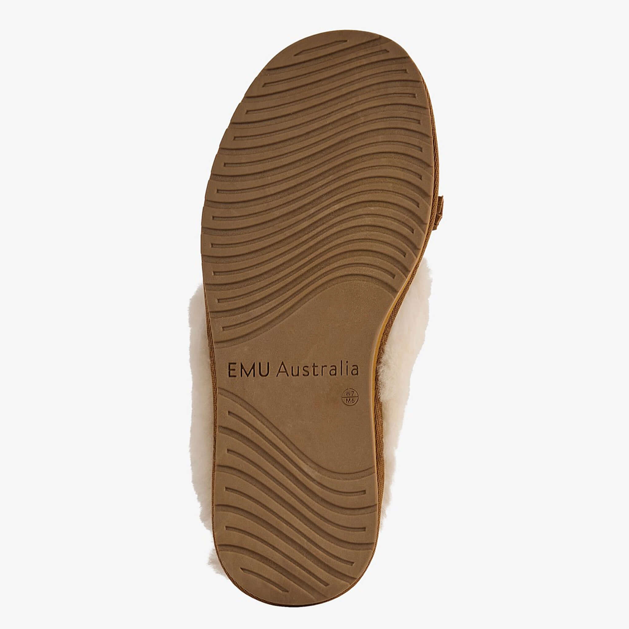 Bottom view of EMU Tahnee Slippers - Chestnut showcasing the sole and brand details.