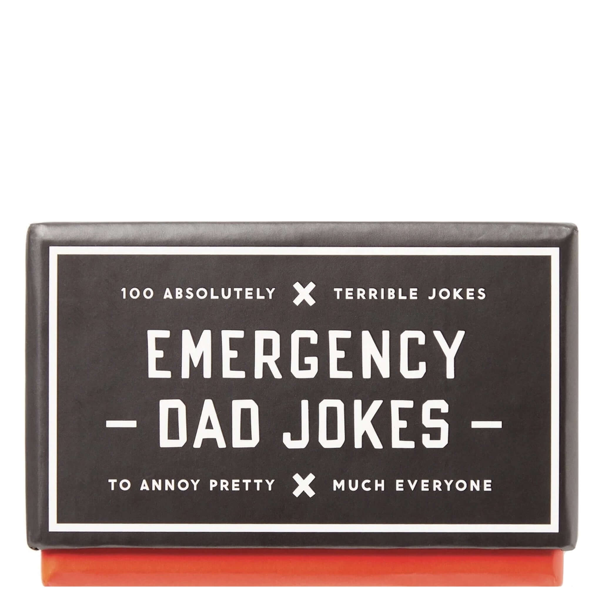 Alt Tag: Emergency Dad Jokes card deck box with “100 absolutely terrible jokes” for on-demand dad humour at dinners and car rides