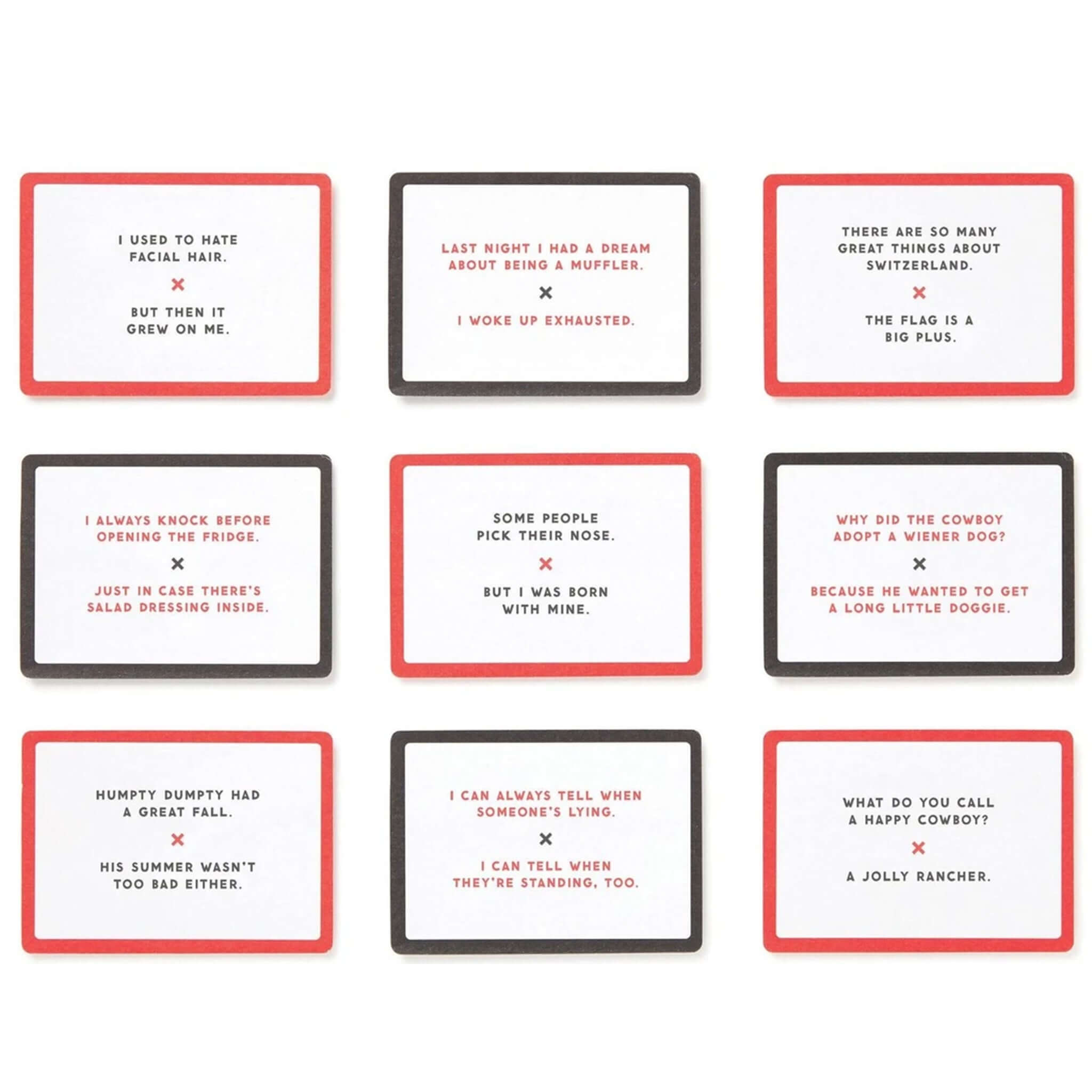 Emergency Dad Jokes card deck with 9 joke cards shown, pocket-sized set of 100 groan-worthy one-liners for family fun