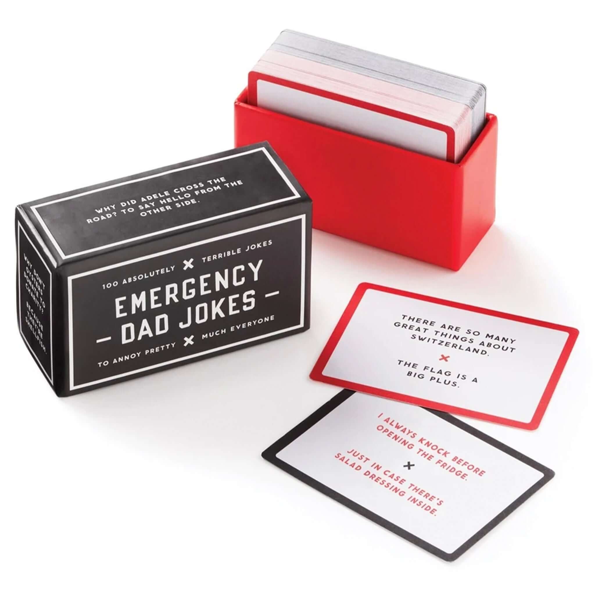 Alt Tag: Emergency Dad Jokes card deck with 100 terrible dad jokes in pocket-sized box, ideal for family dinners and road trips