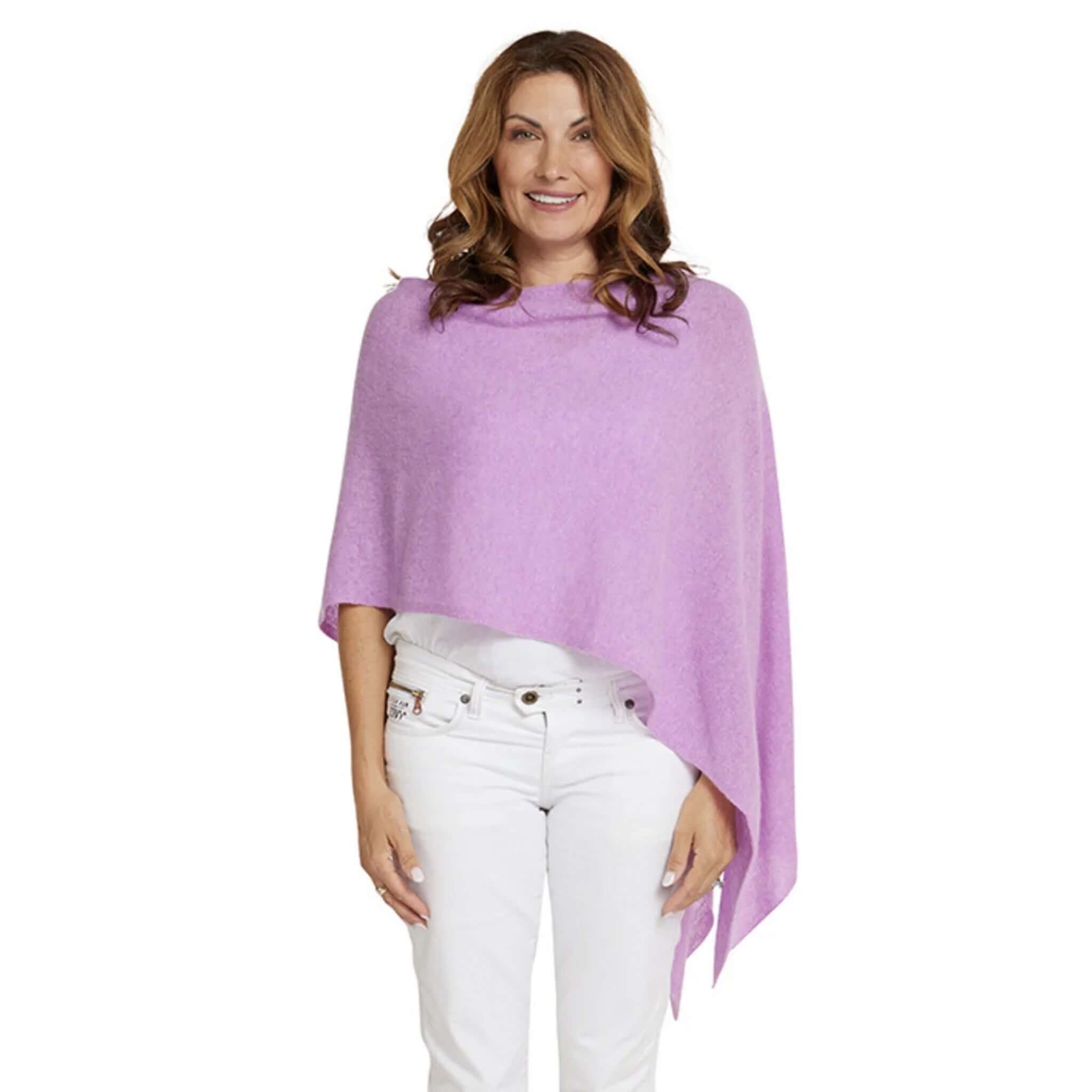 Alt Tag: Esperance & Co Classic Cashmere Topper - Riviera worn as chic poncho wrap, pure 2ply cashmere layering piece for travel and office