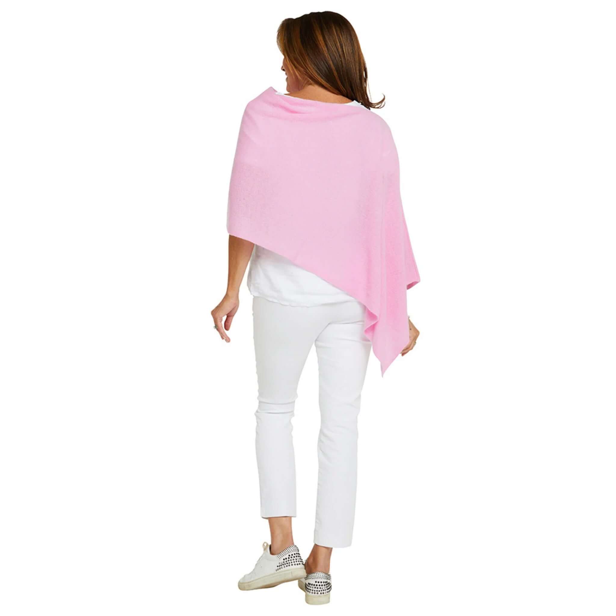 Esperance & Co Classic Cashmere Topper - Glam Pink worn stylishly from the back, perfect for layering and travel.