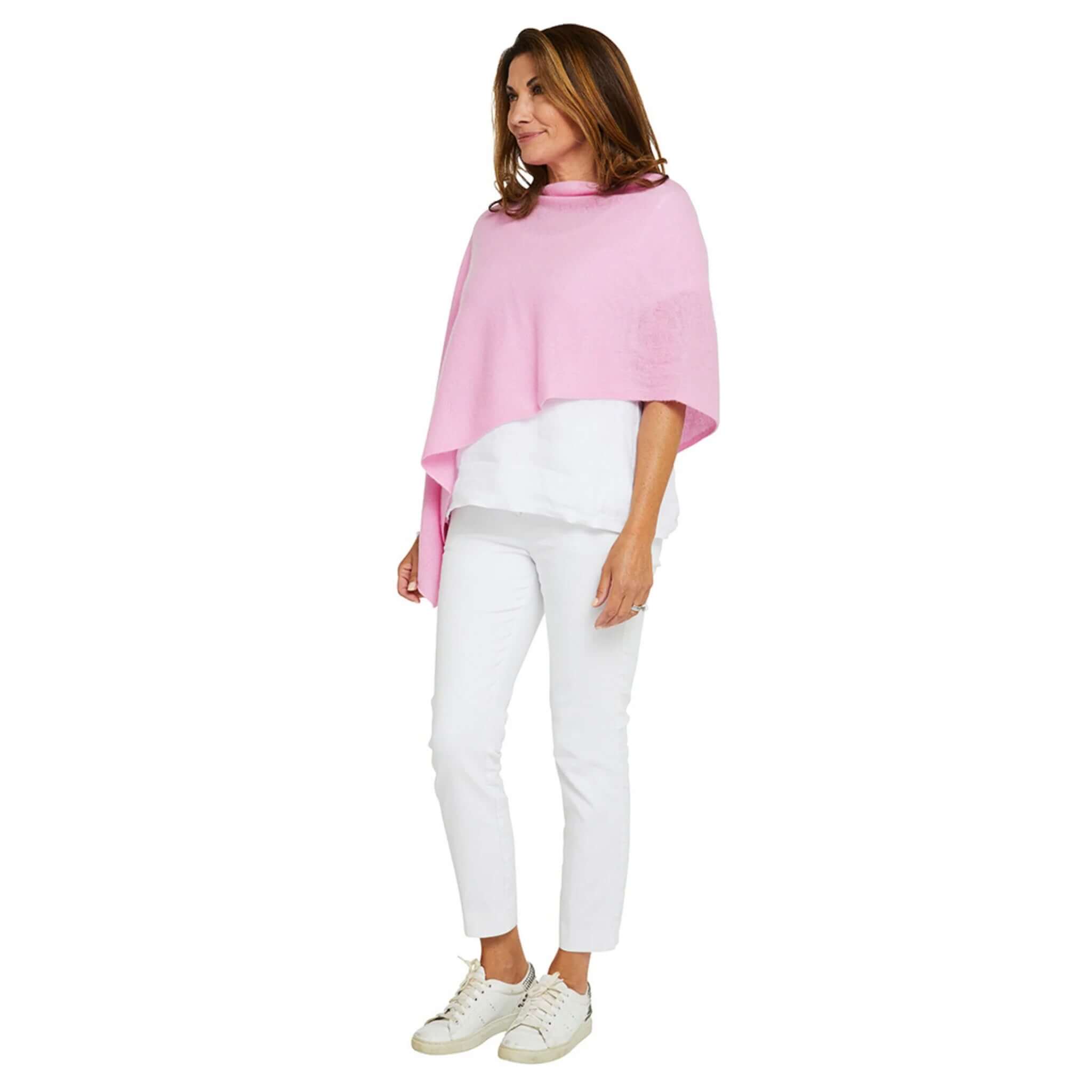 Esperance & Co Classic Cashmere Topper - Glam Pink worn casually with white outfit and sneakers.