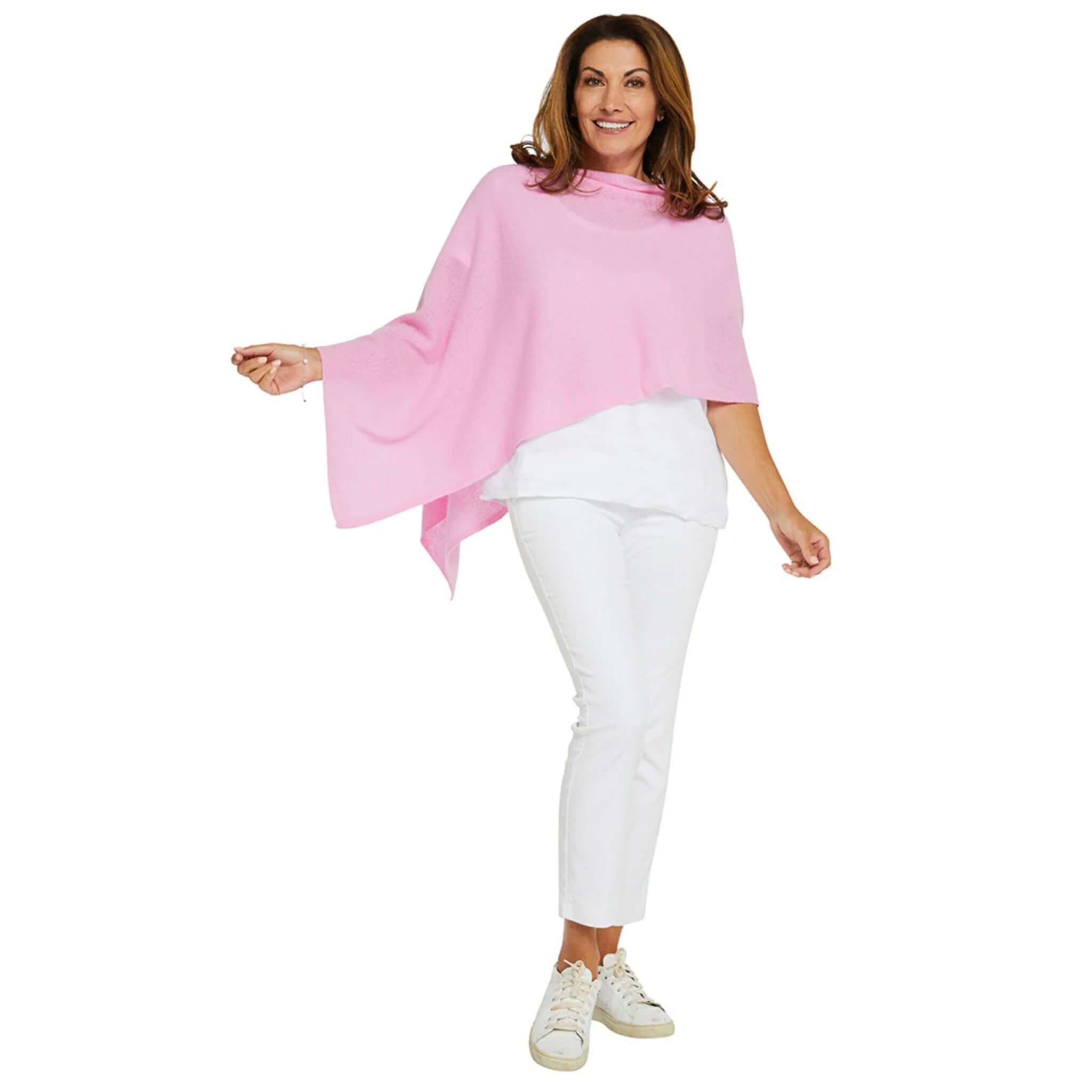 Esperance & Co Classic Cashmere Topper - Glam Pink worn casually with white pants and sneakers.