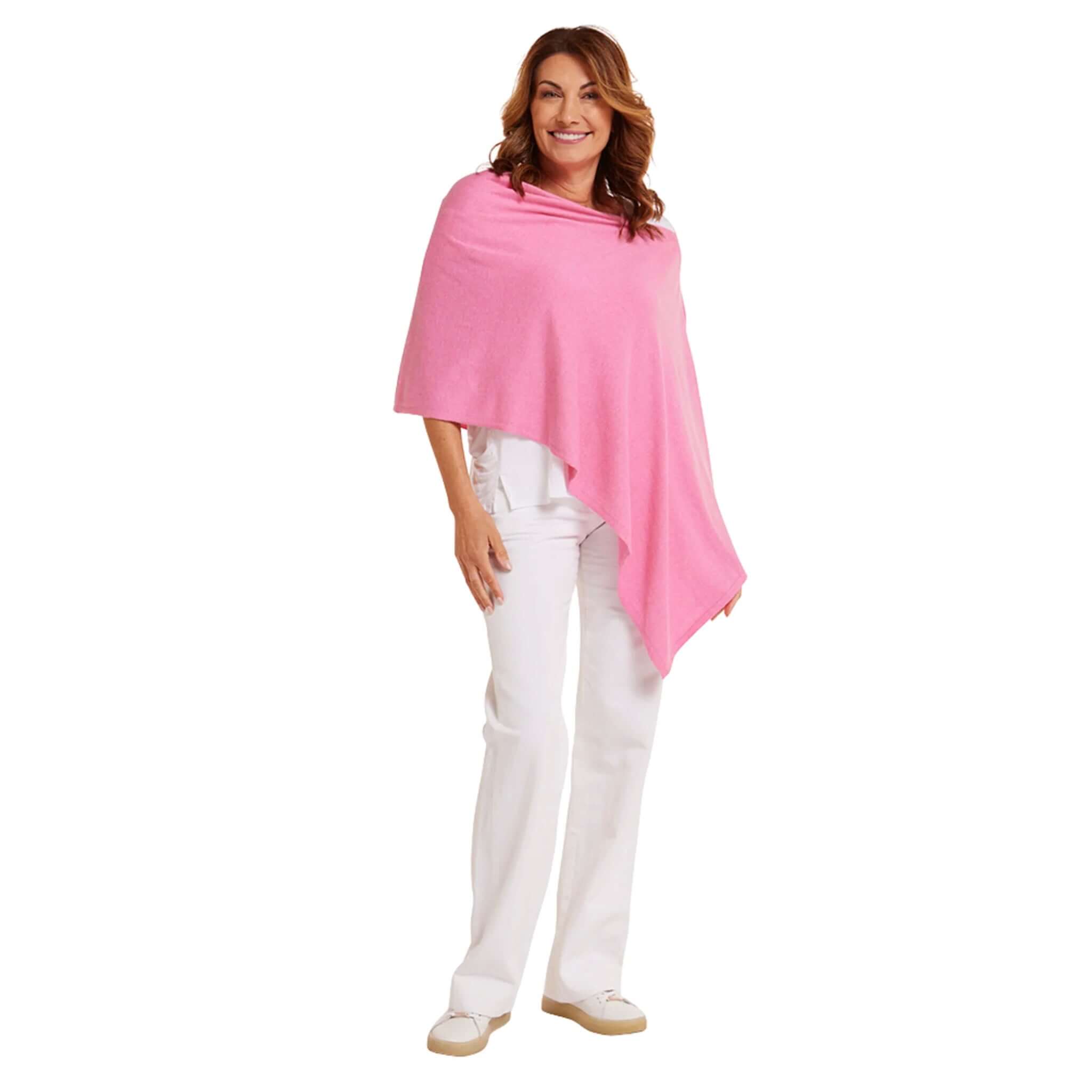 Esperance & Co Classic Cashmere Topper - Glam Pink worn casually, showcasing versatility and vibrant color for all occasions.