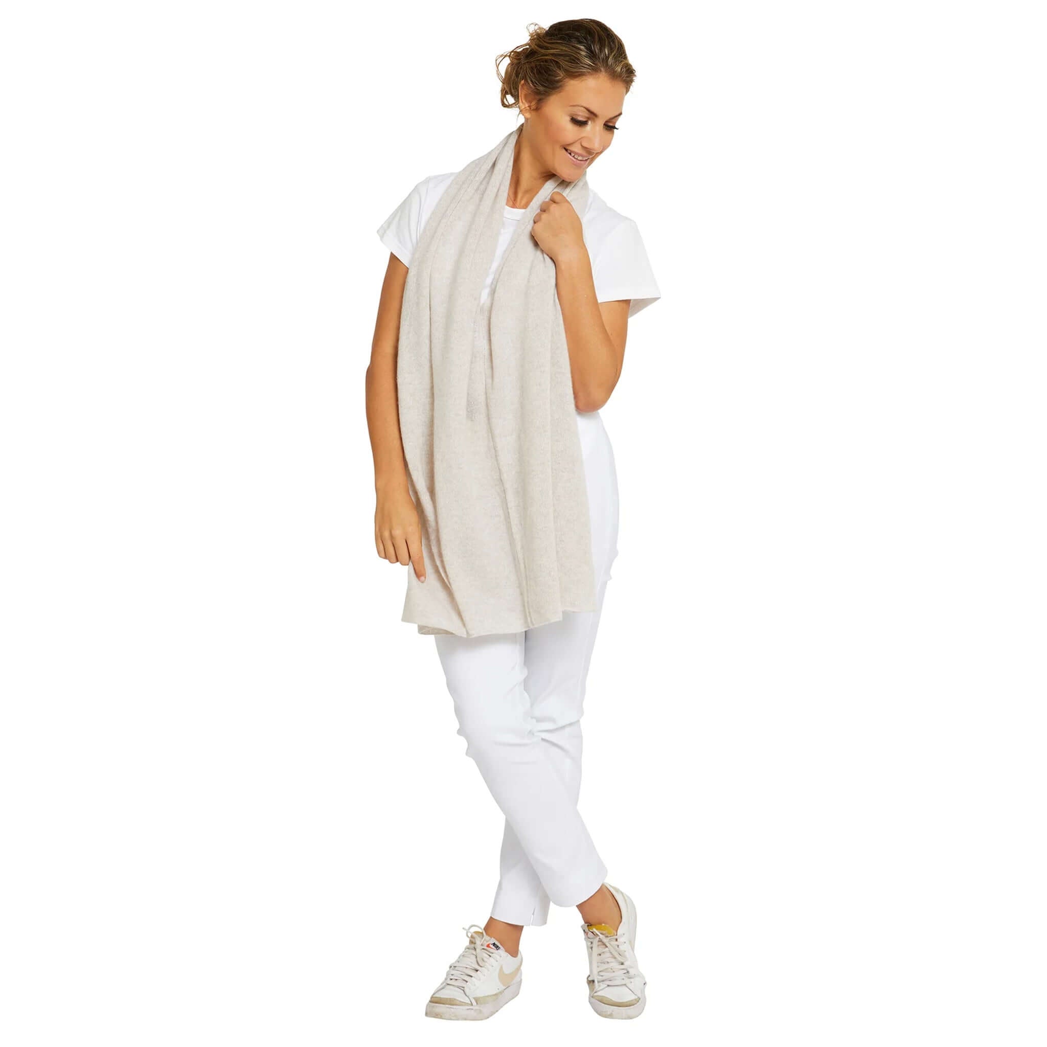 Esperance & Co Classic Cashmere Topper - Latte worn as a soft wrap scarf layering piece for office and travel styling