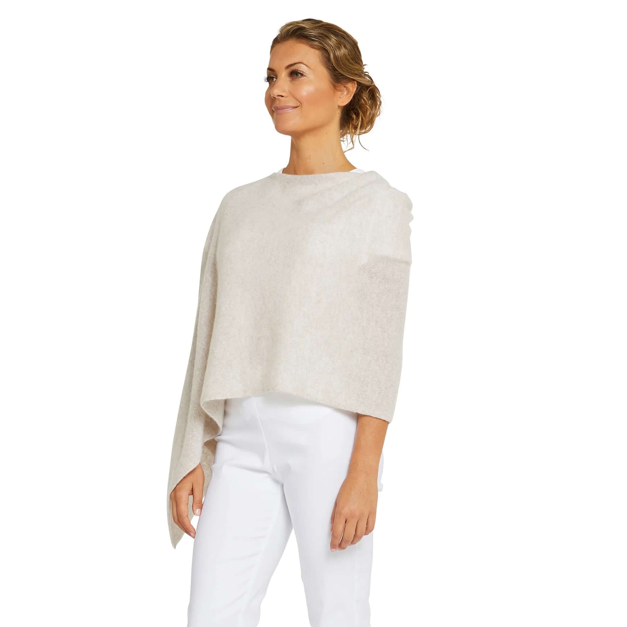 Alt Tag: Esperance & Co Classic Cashmere Topper - Latte worn as elegant wrap layering piece for office travel and weekend style