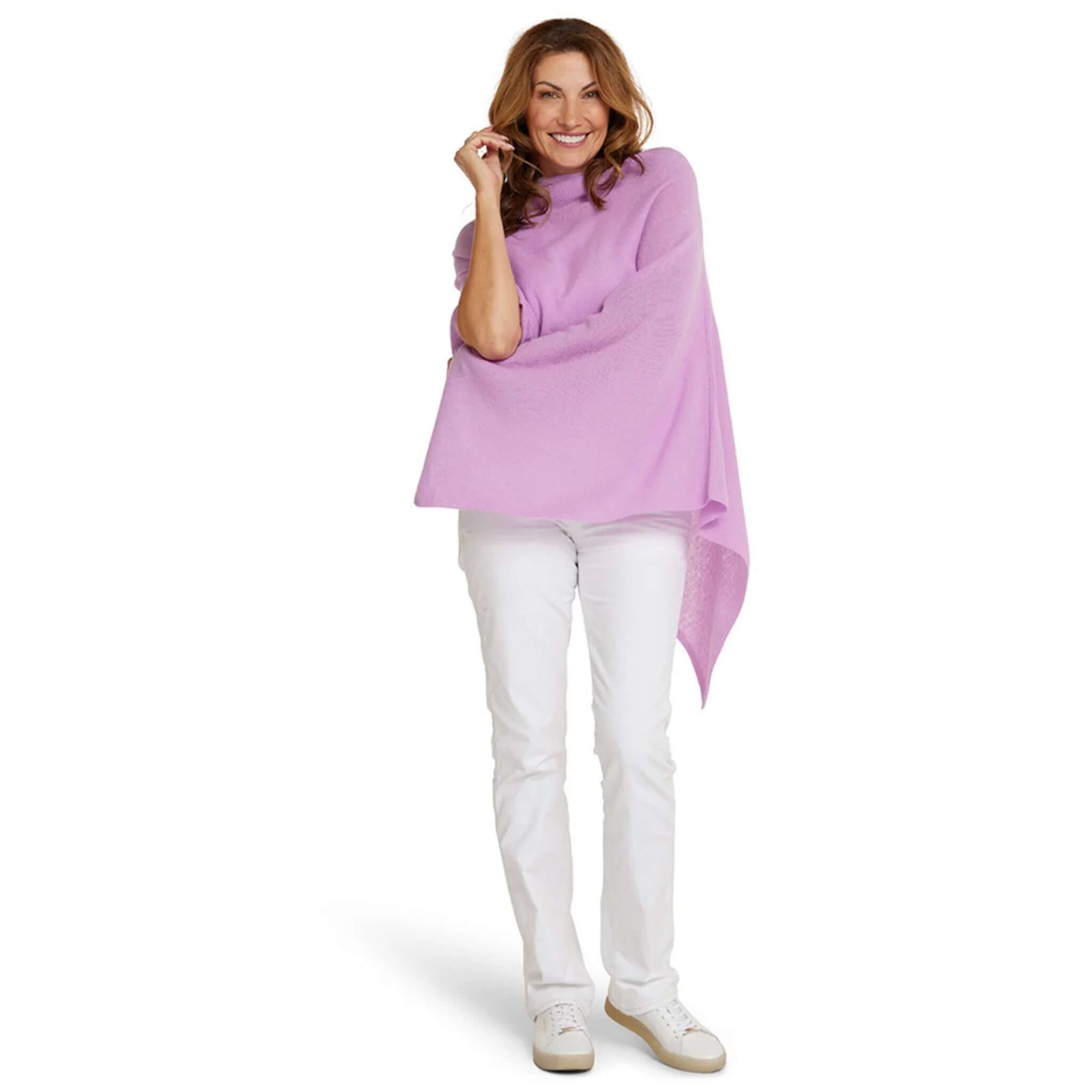 Alt Tag: Esperance & Co Classic Cashmere Topper - Riviera worn as a poncho-style wrap, pure 2ply cashmere layering piece for travel and office