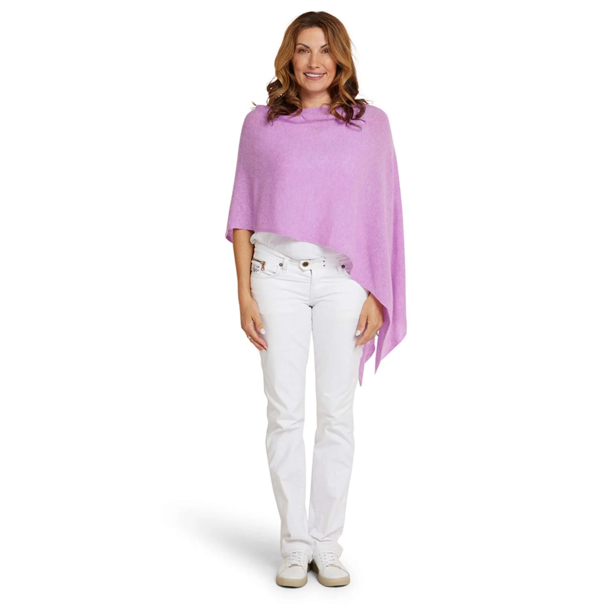Alt Tag: Esperance & Co Classic Cashmere Topper - Riviera in soft purple, versatile 6-way cashmere wrap cape for travel, office layering