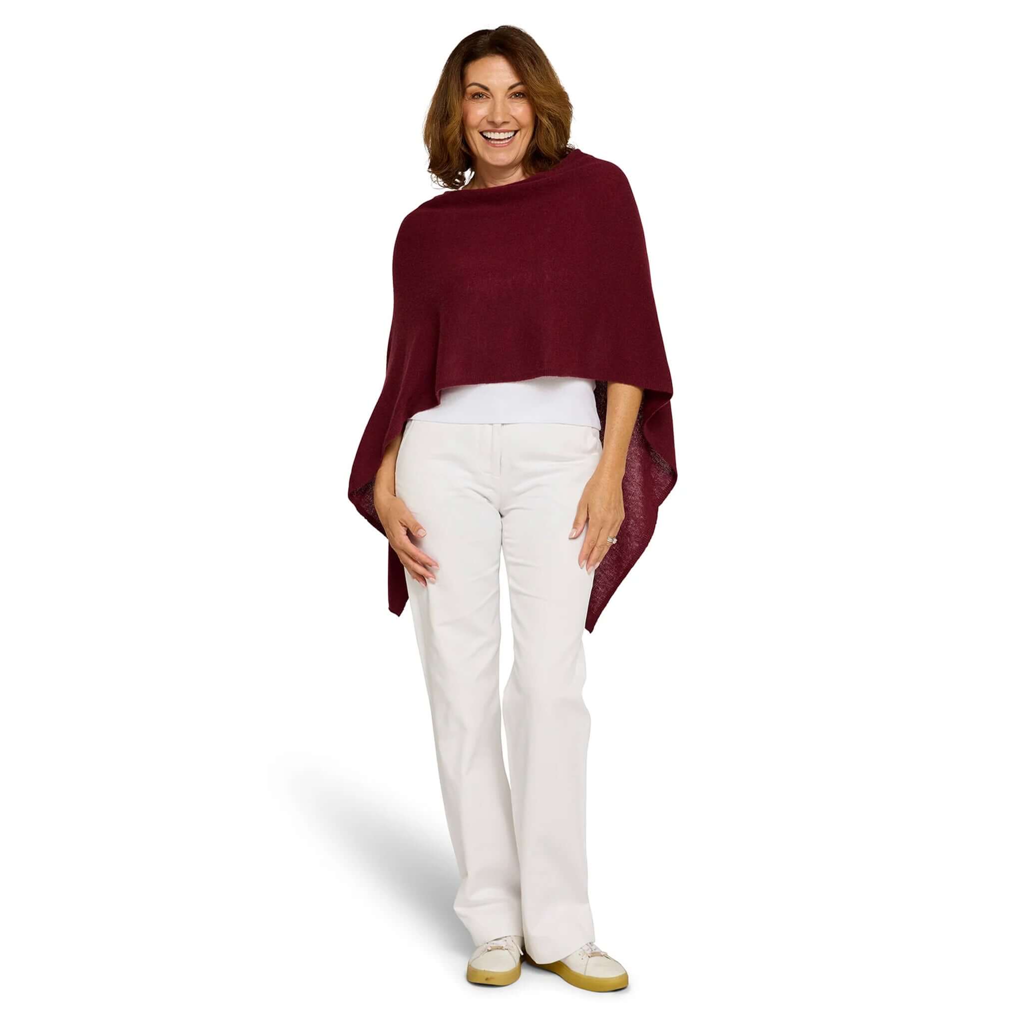 Esperance & Co Classic Cashmere Topper - Sangria worn casually, showcasing versatility and high-quality cashmere.