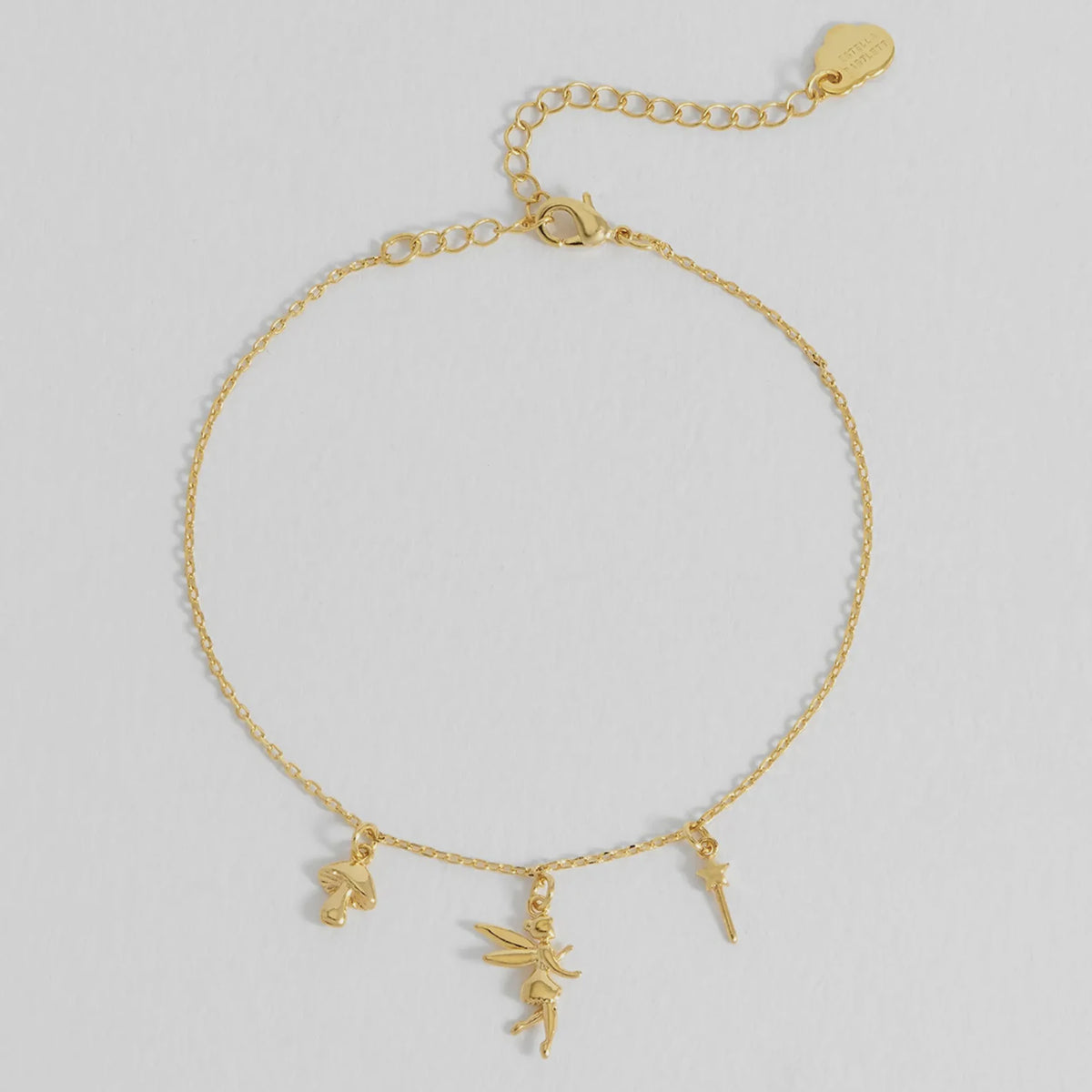 Estella Bartlett Fairy Charm Bracelet, gold plated fine chain with fairy, wand and mushroom charms