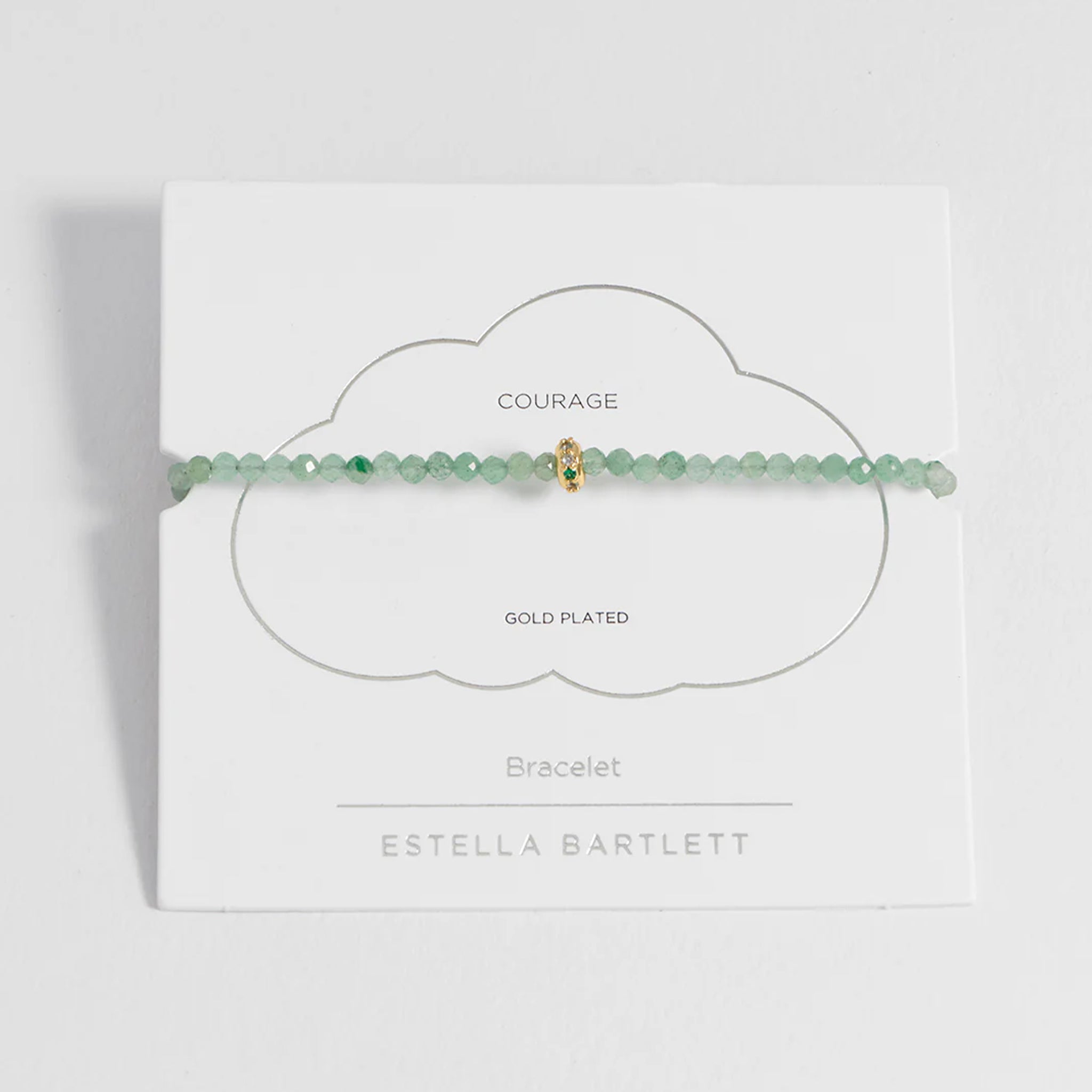 Green beaded bracelet on Estella Bartlett branded card with 'Courage' text
