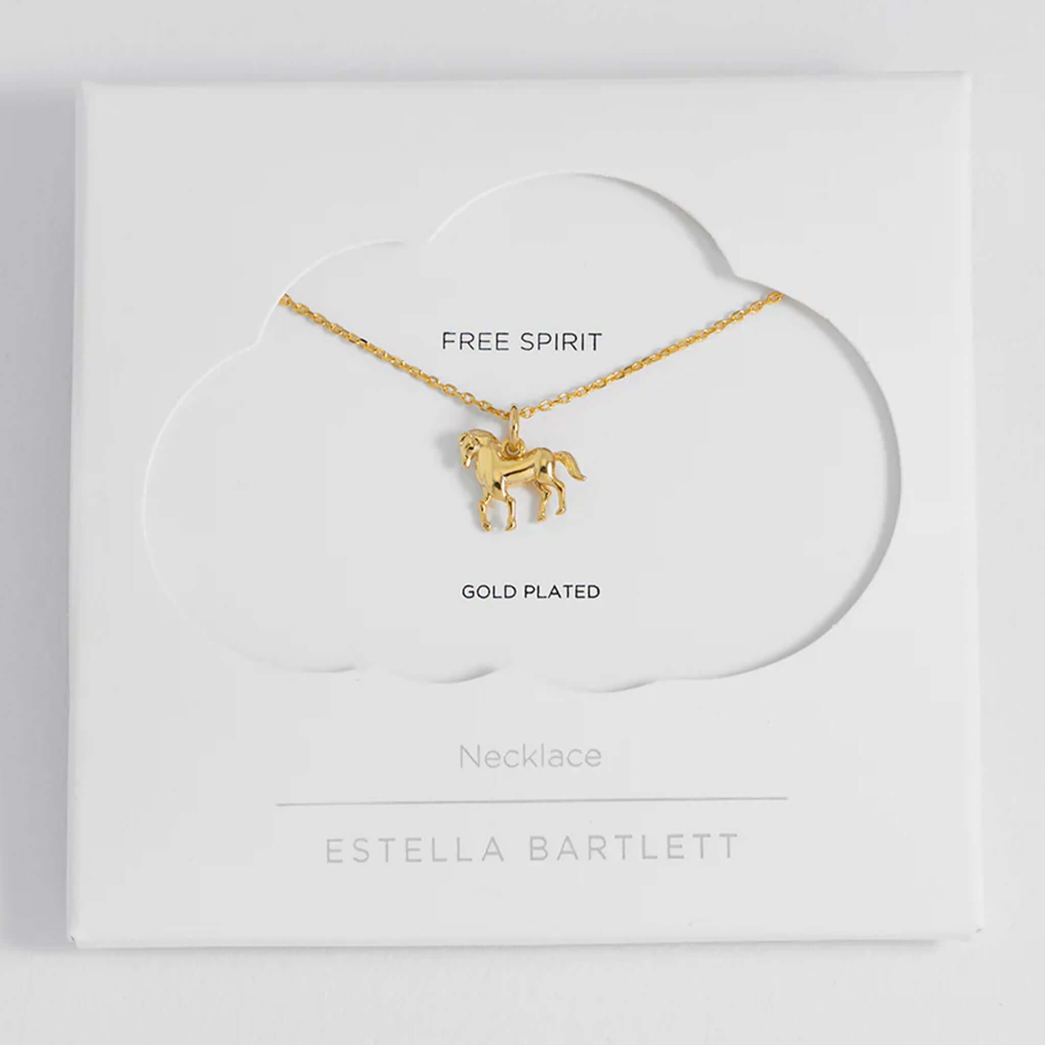 Alt Tag: Estella Bartlett Horse Necklace - Gold Plated trotting horse pendant on delicate chain, free spirit gold plated necklace