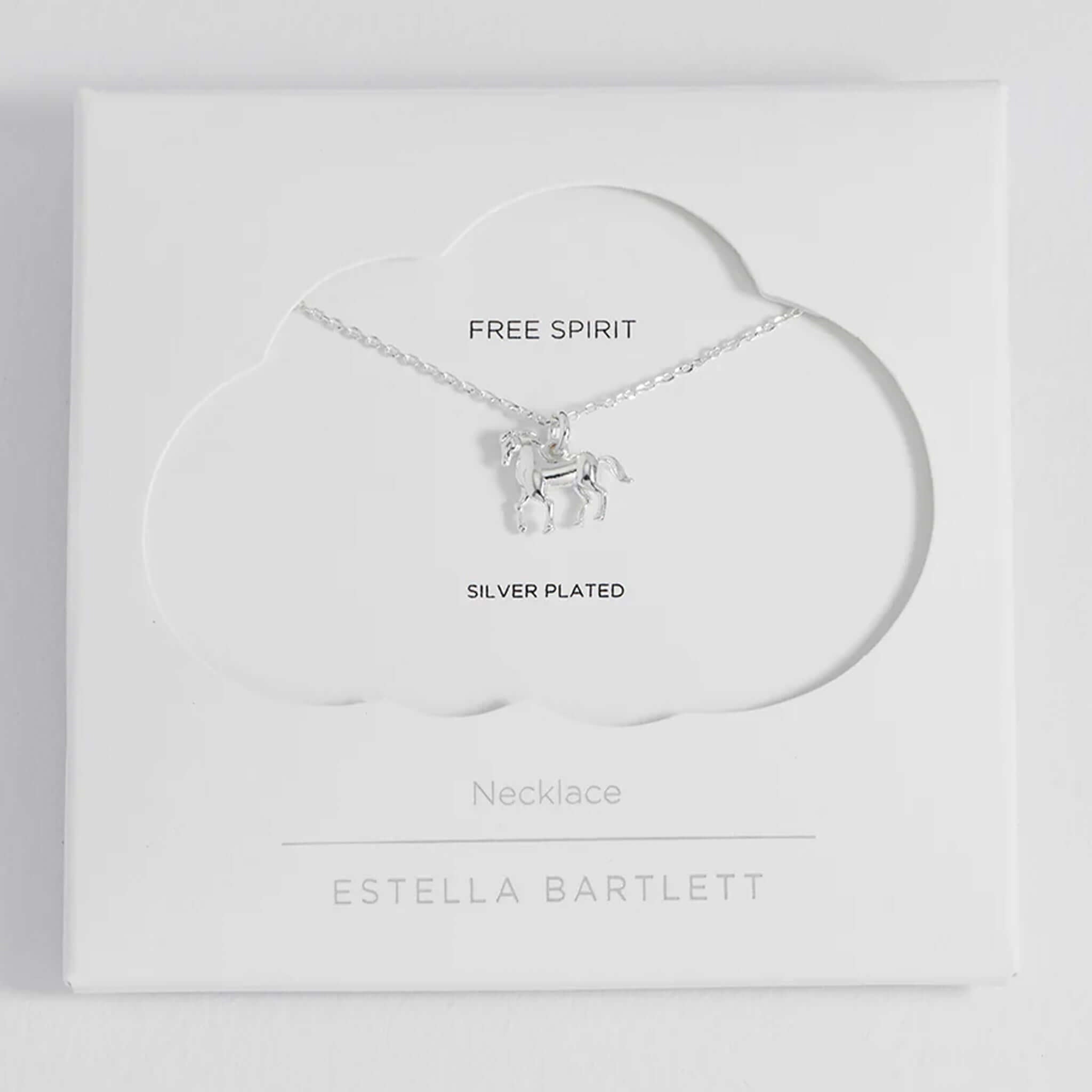 Alt Tag: Estella Bartlett Horse Necklace - Silver trotting horse pendant on delicate chain, sterling silver everyday layering necklace