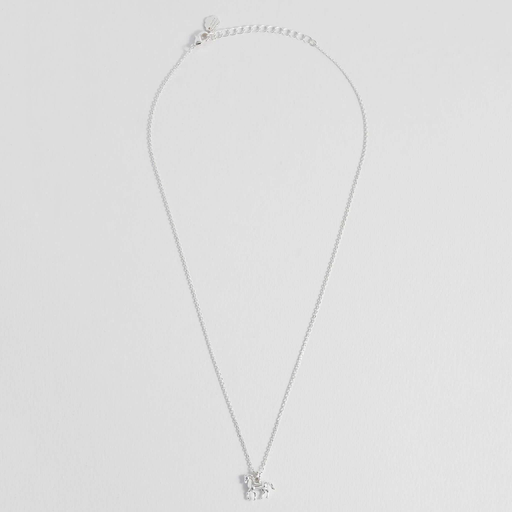 Alt Tag: Estella Bartlett Horse Necklace - Silver sterling silver trotting horse pendant necklace on delicate chain