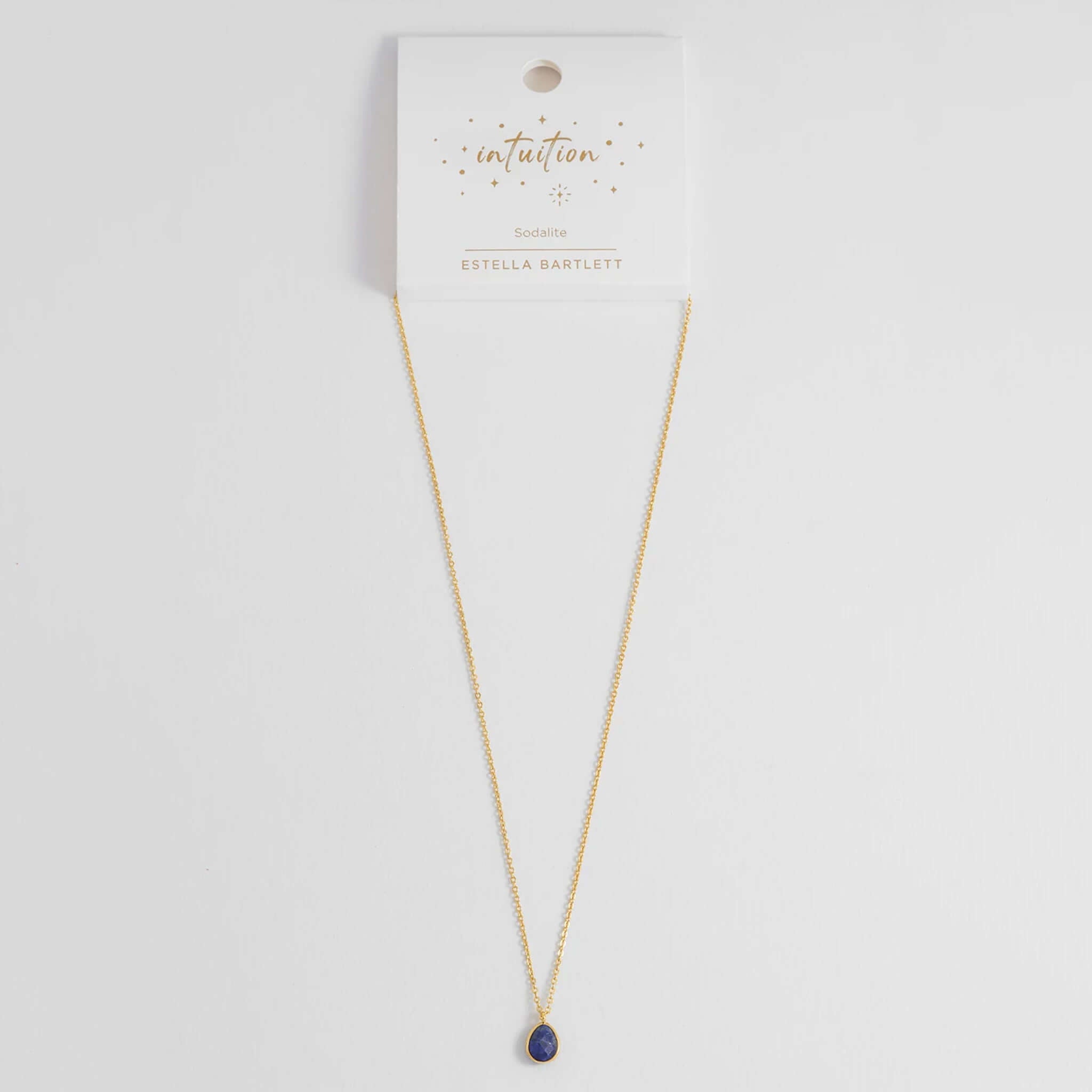 Estella Bartlett Wellness Faceted Teardrop Necklace - Sodalite displayed with gold-plated chain and sodalite pendant.