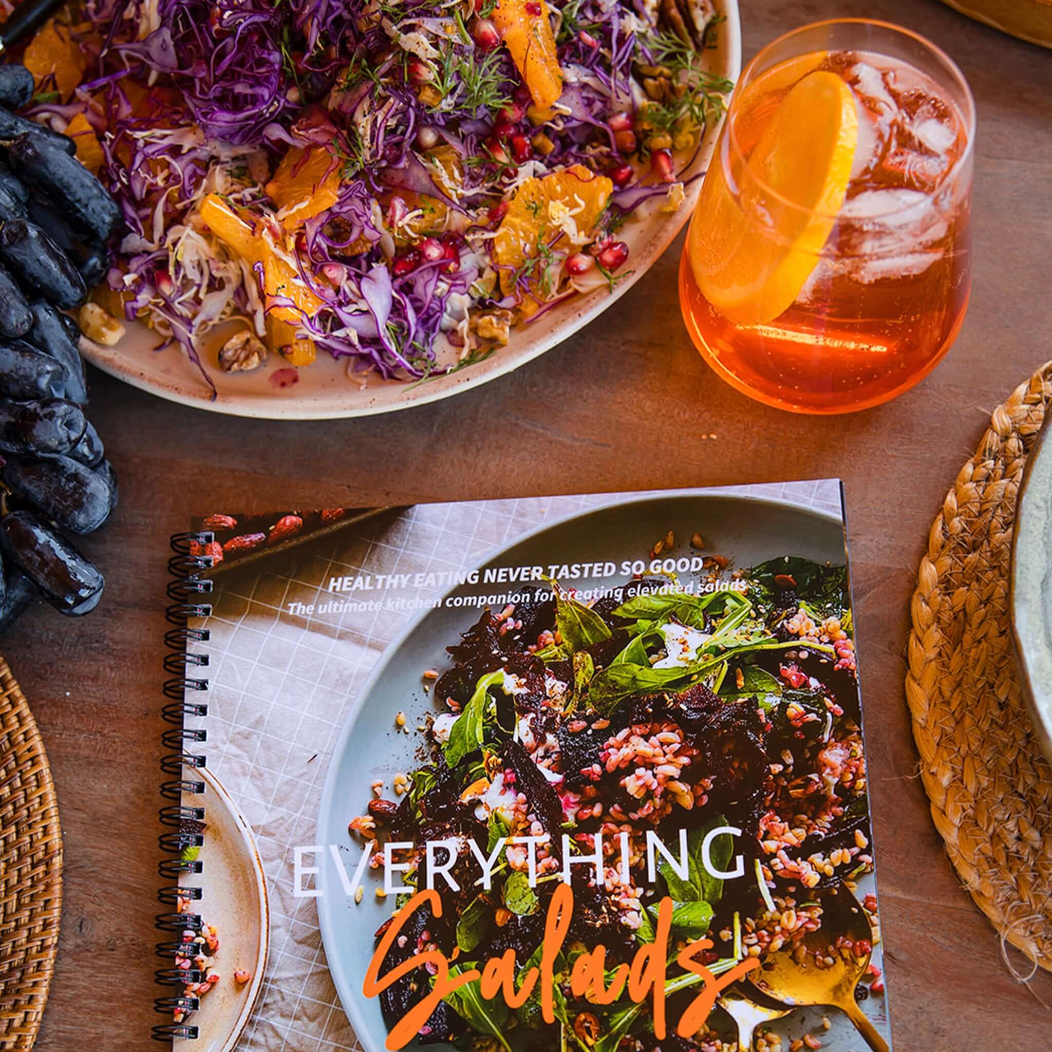 Alt Tag: Everything Salads: Spring & Summer cookbook cover with vibrant grain salad, herbs and dressing—45 quick healthy recipes under 30 minutes