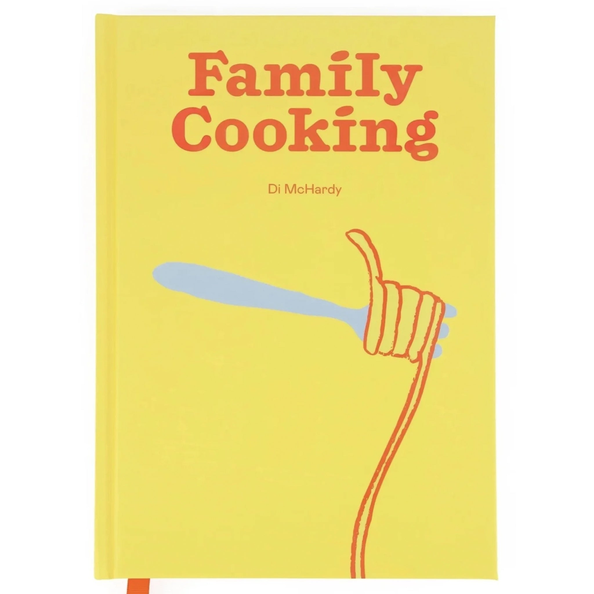 Cookbook titled 'Family Cooking' with a spoon illustration on a yellow background