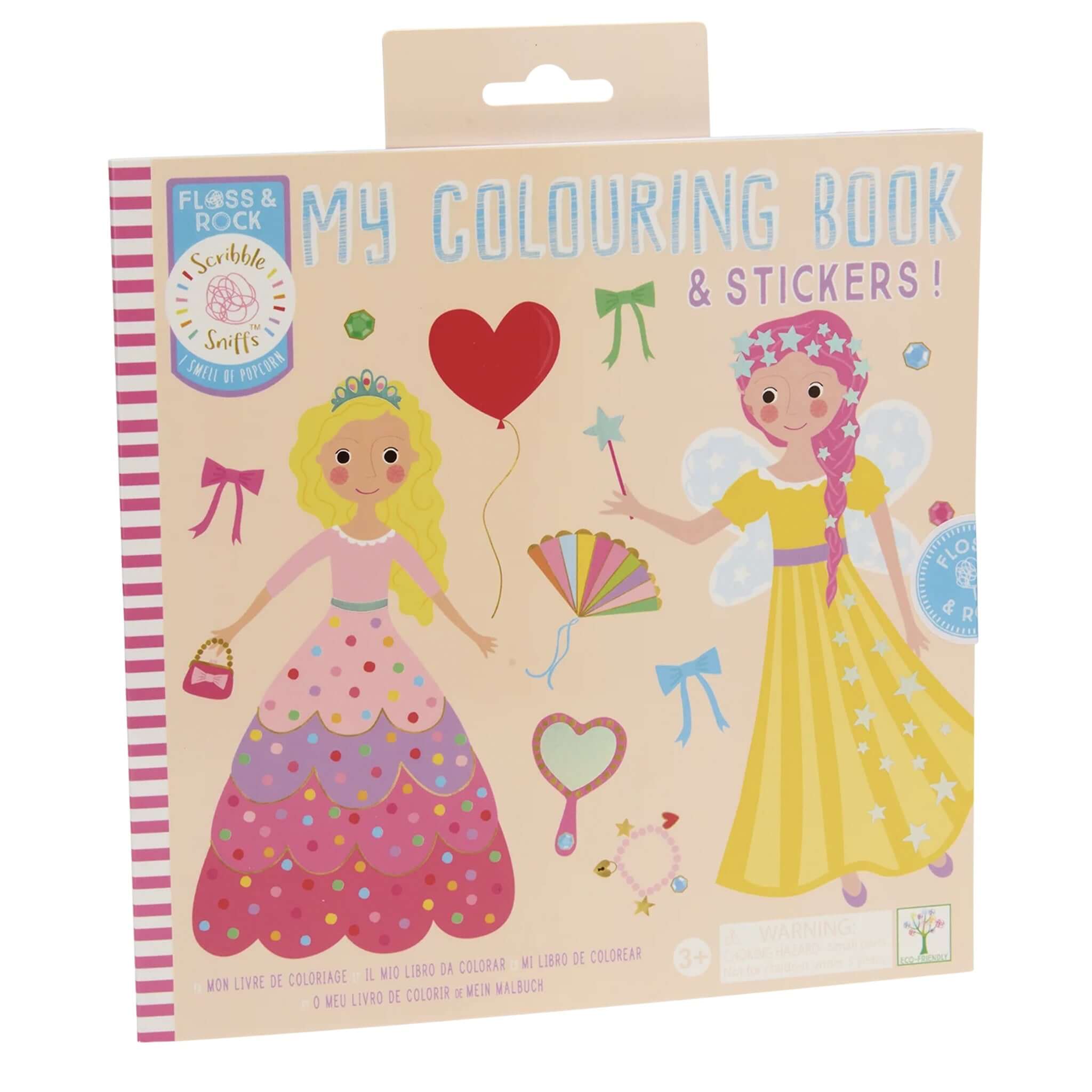 Floss & Rock My Colouring Book Scribble Sniff - Princess cover featuring princesses, stickers, and popcorn scent.