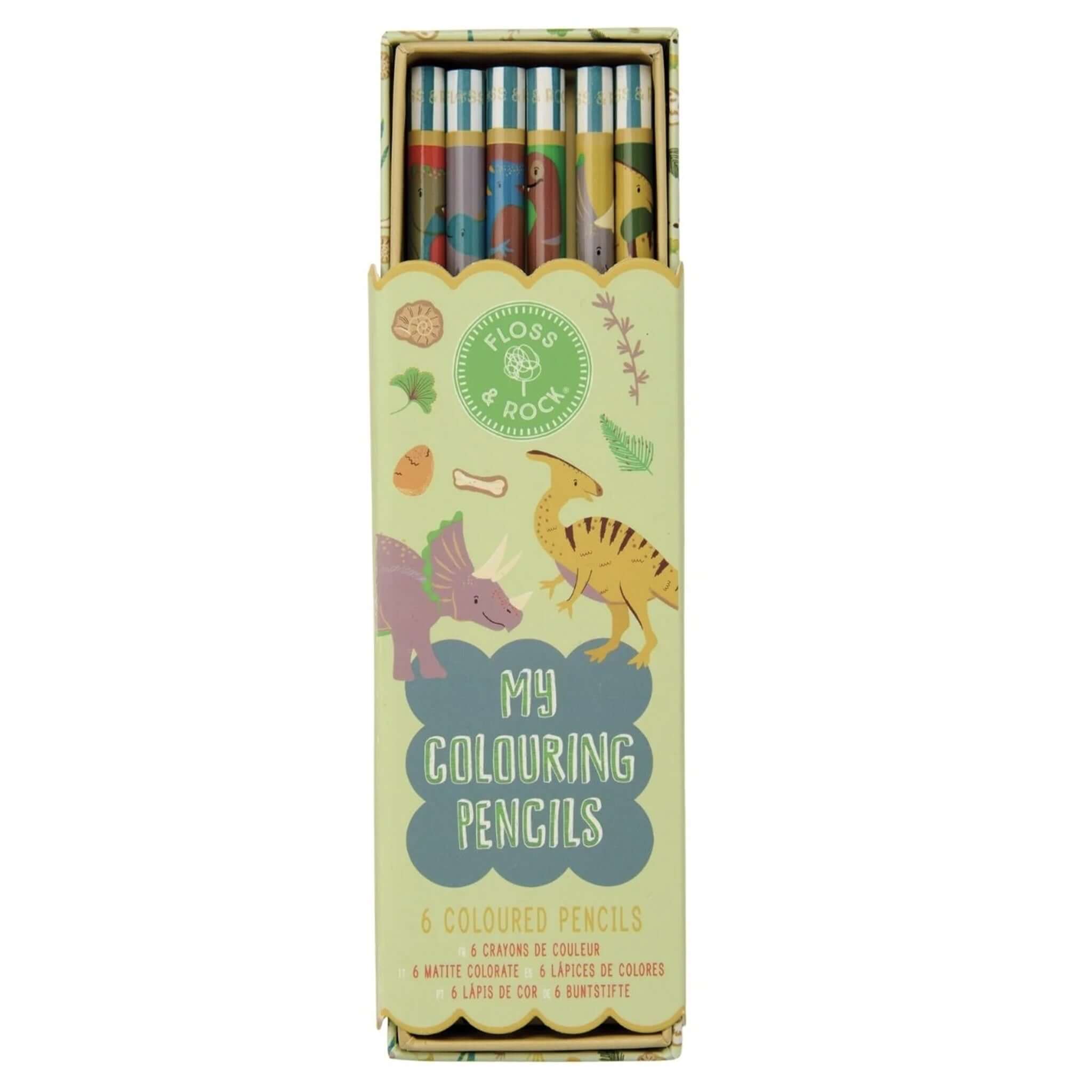 Alt Tag: Floss & Rock My Colouring Pencils - Dino set with 6 vibrant kids colouring pencils in dinosaur-themed box, easy-grip for little hands