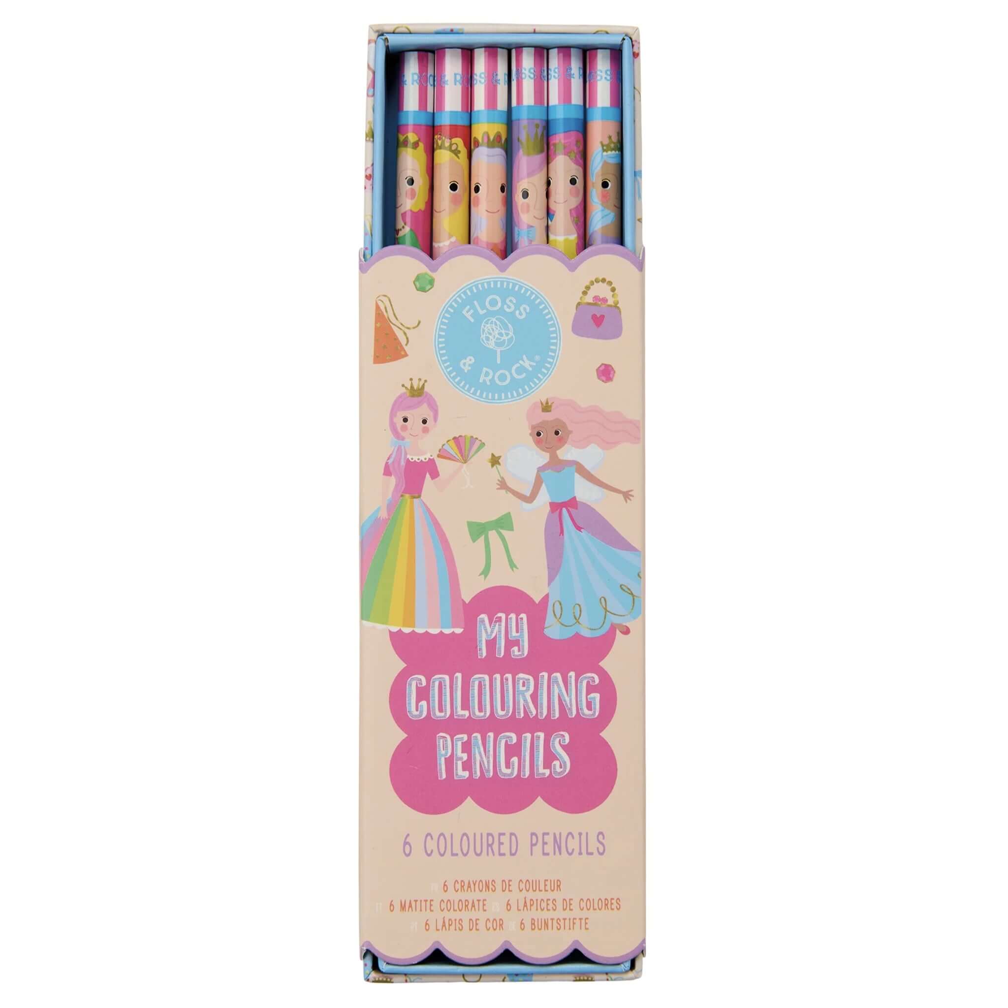 Floss & Rock My Colouring Pencils - Princess set with six vibrant pencils in a colorful princess-themed packaging.