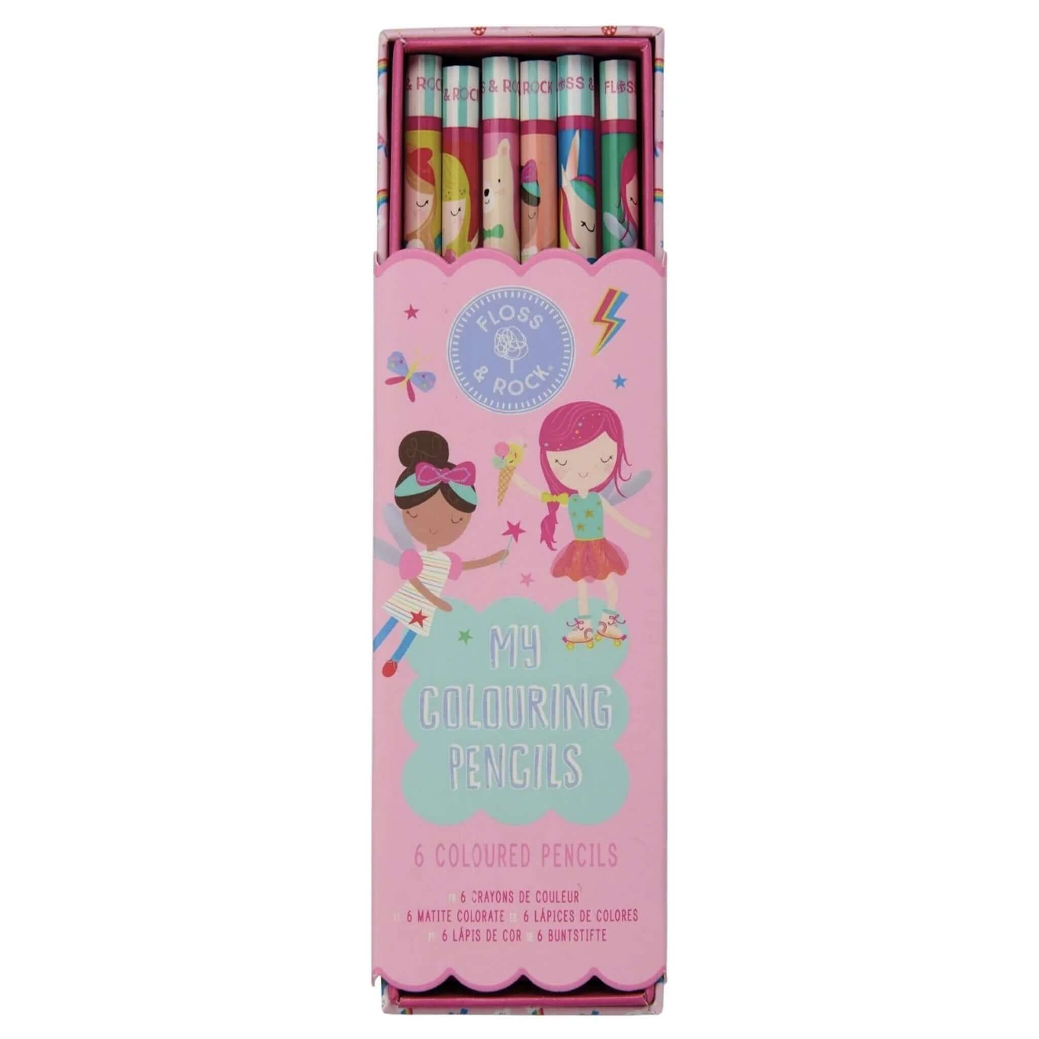 Alt Tag: Floss & Rock My Colouring Pencils - Rainbow Fairy set of 6 vibrant colouring pencils in pink fairy-themed box for kids