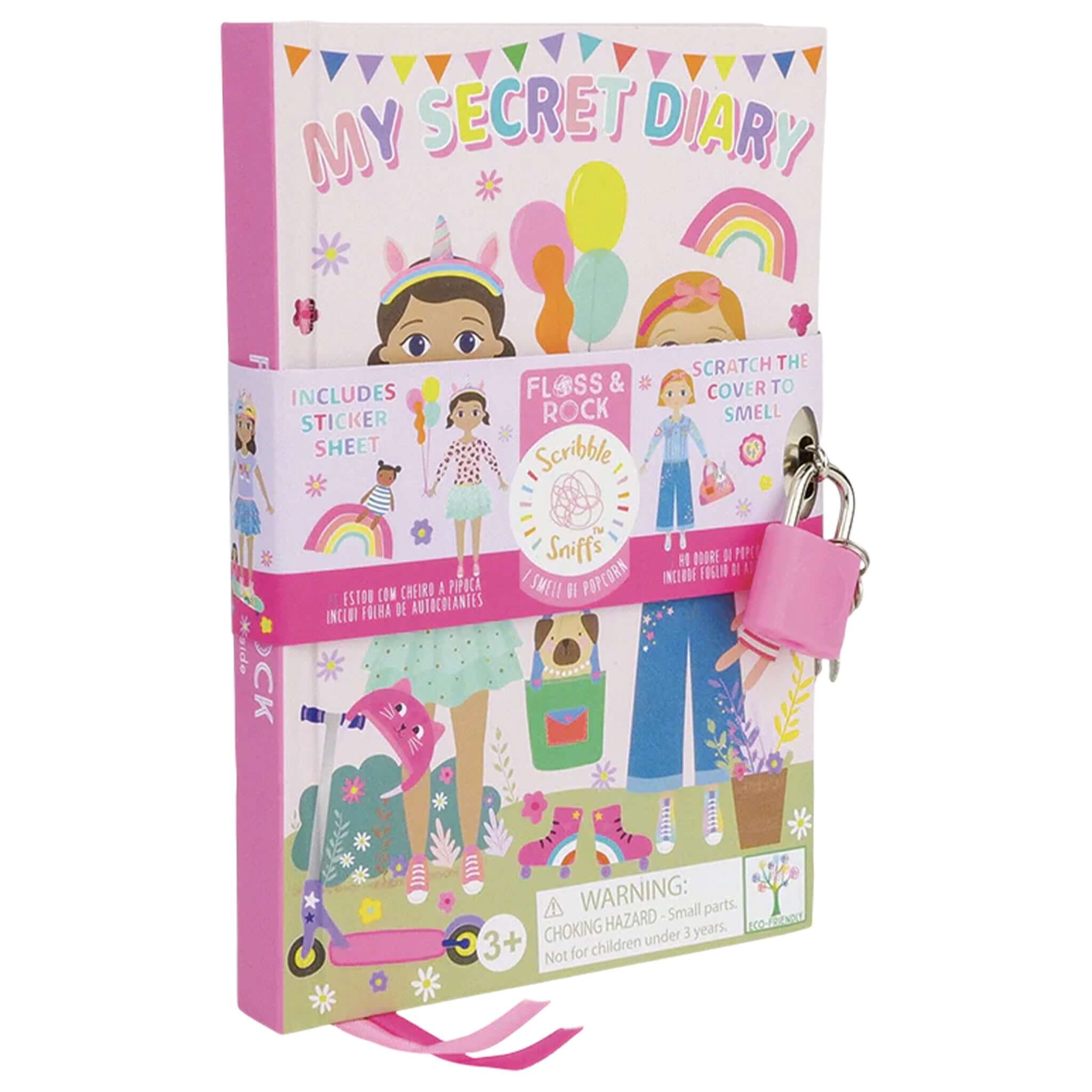 Floss & Rock My Scented Secret Diary - Best Friends with popcorn scent, featuring a padlock and colorful sticker sheet.