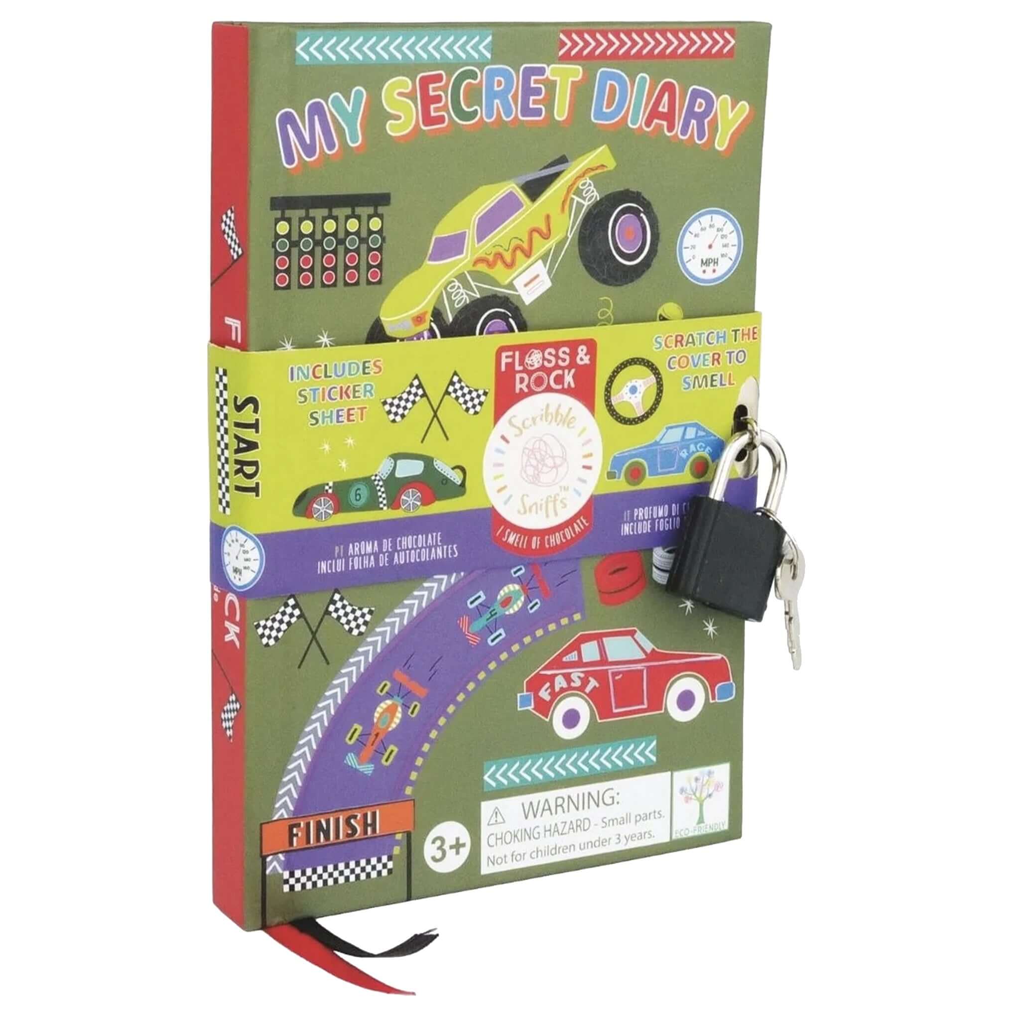 Alt Tag: Floss & Rock My Scented Secret Diary - Cars scratch & sniff chocolate-scented cover with padlock and key, kids secret diary