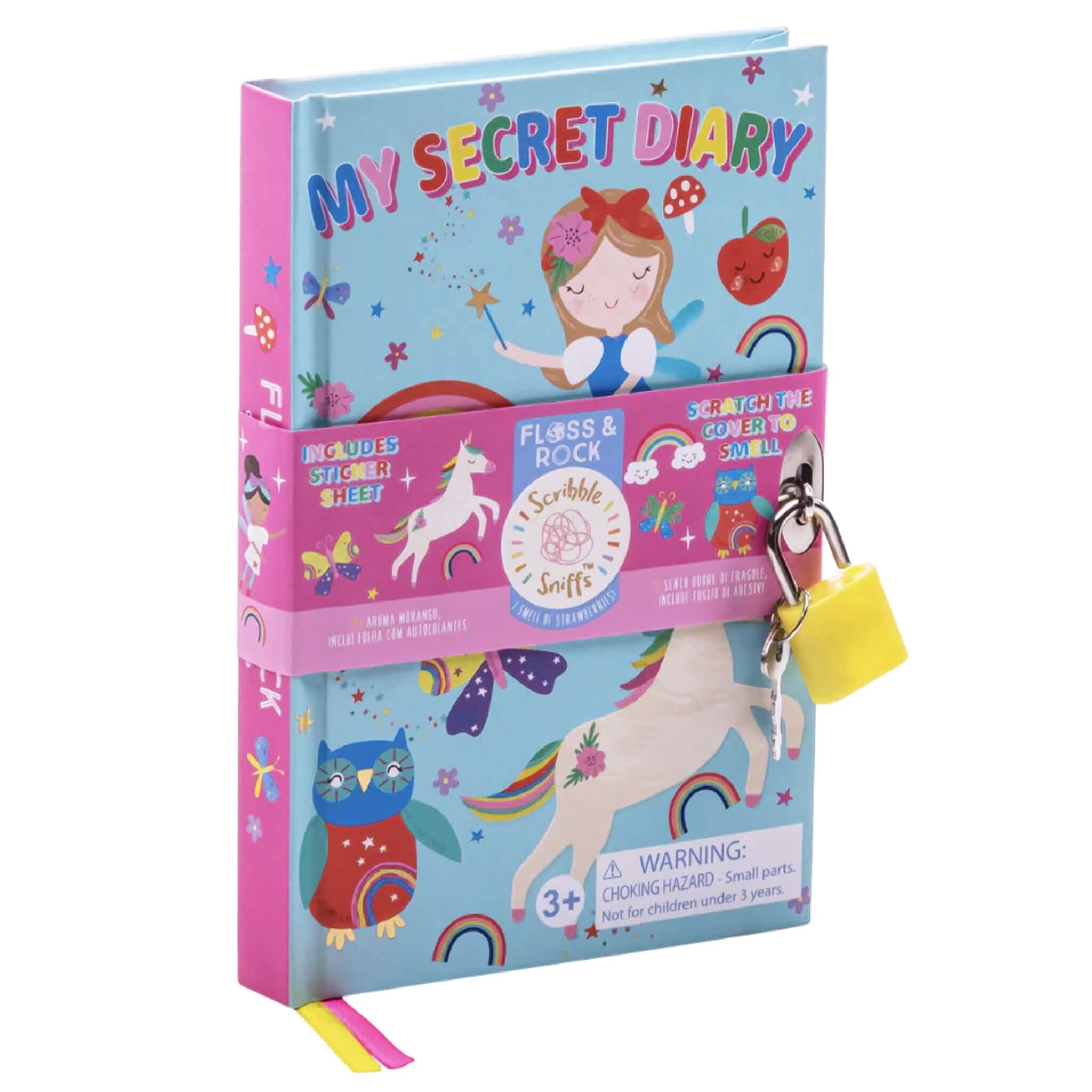 Floss & Rock My Scented Secret Diary - Rainbow Fairy with padlock and sticker sheet, featuring a scratch & sniff cover.