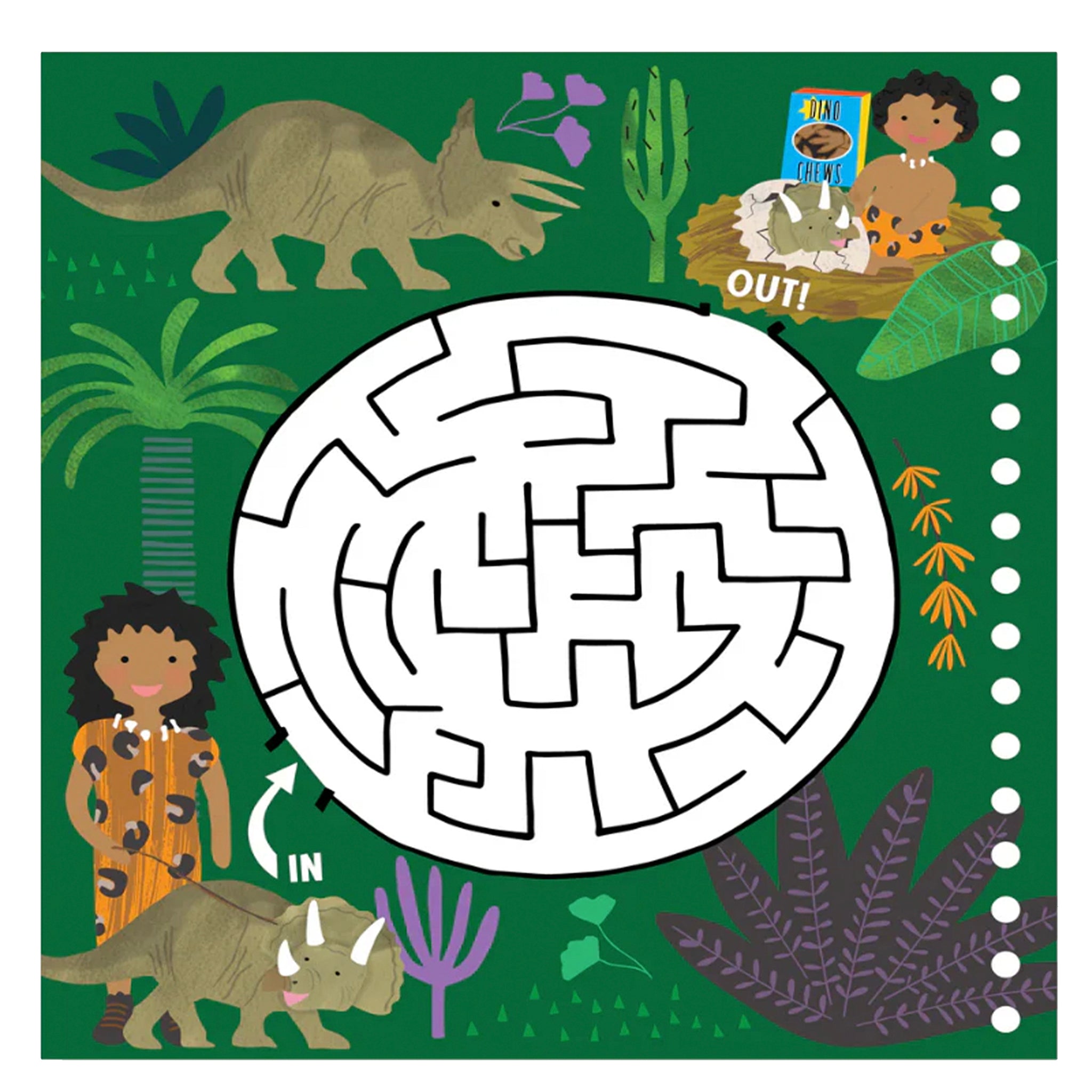 Dinosaur-themed maze game with illustrations of dinosaurs and children on a green background.