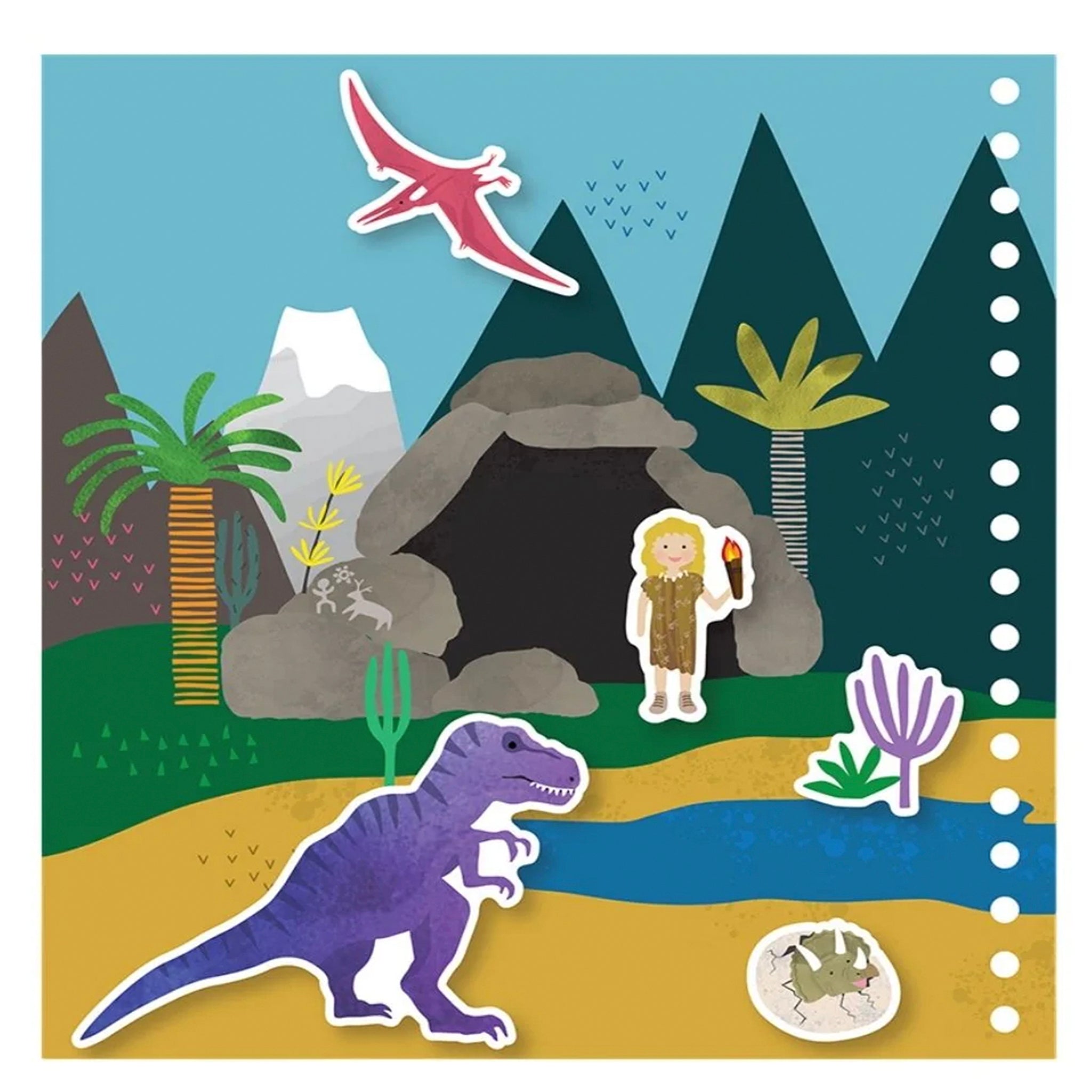Children's book or educational material with a dinosaur and explorer illustration in a prehistoric landscape.