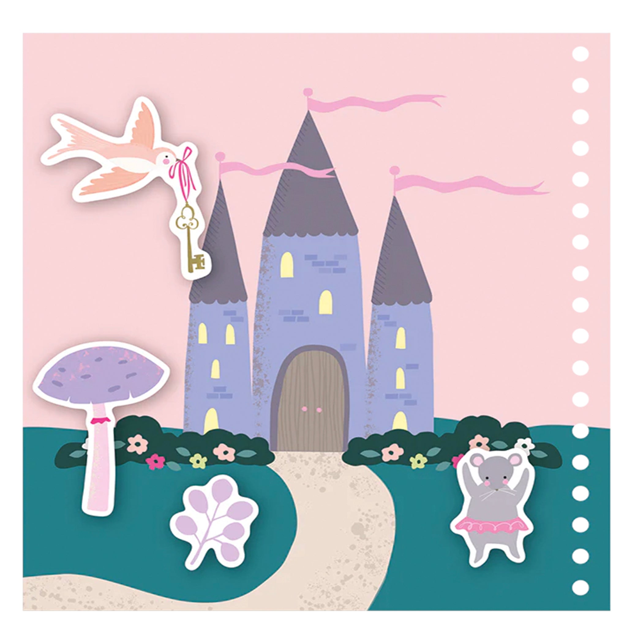 Set of stickers with a castle, mushroom, mouse, and other elements on a pink background