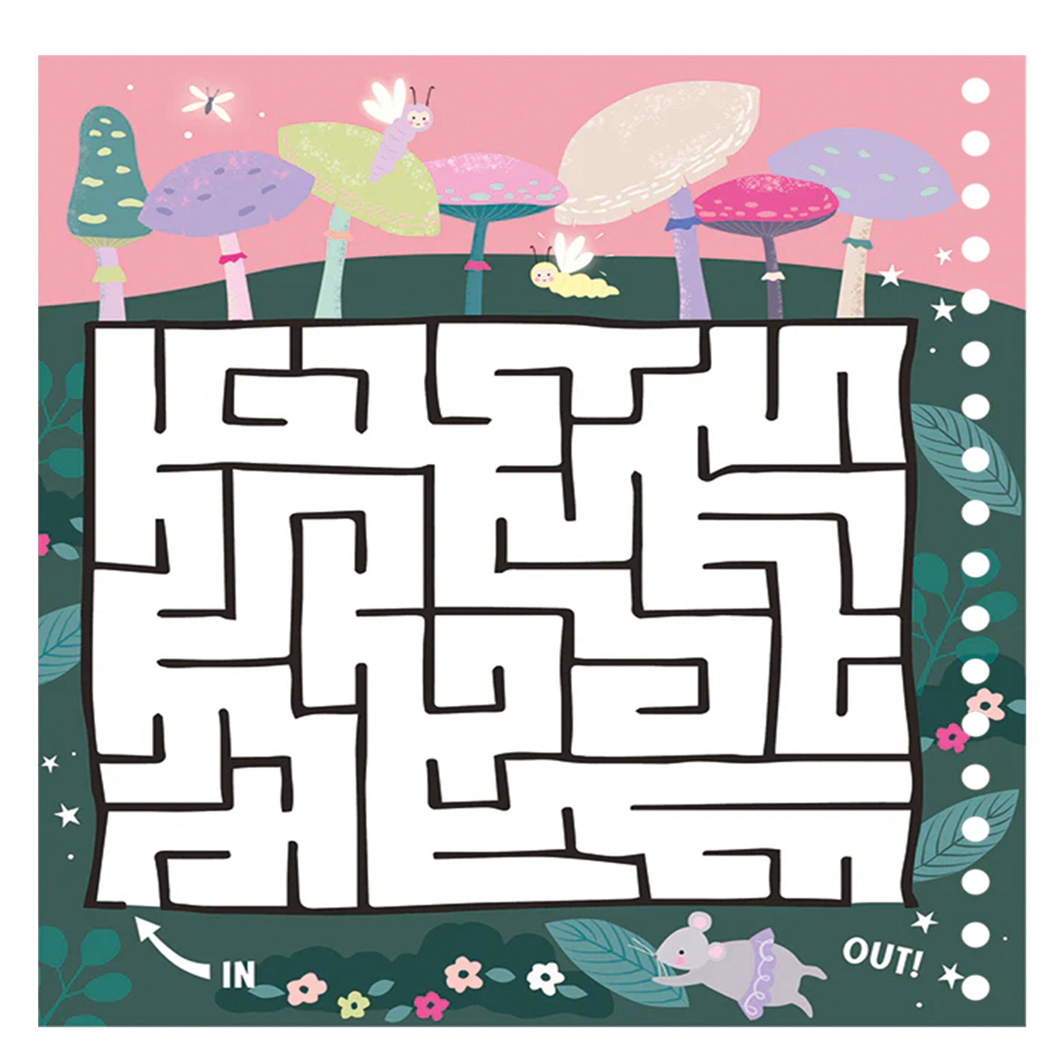 Maze game with colorful mushrooms and a pink background