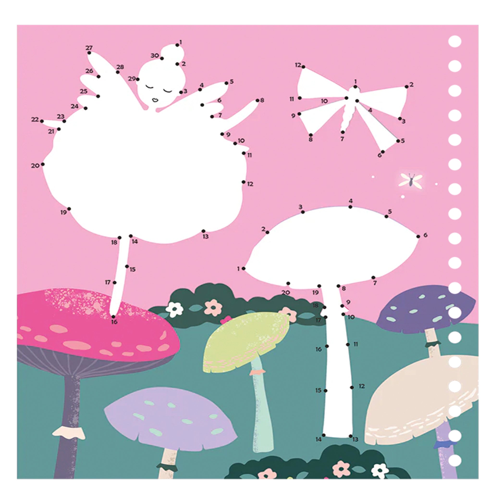 Children's dot-to-dot activity sheet with fairy and mushrooms on a pink background