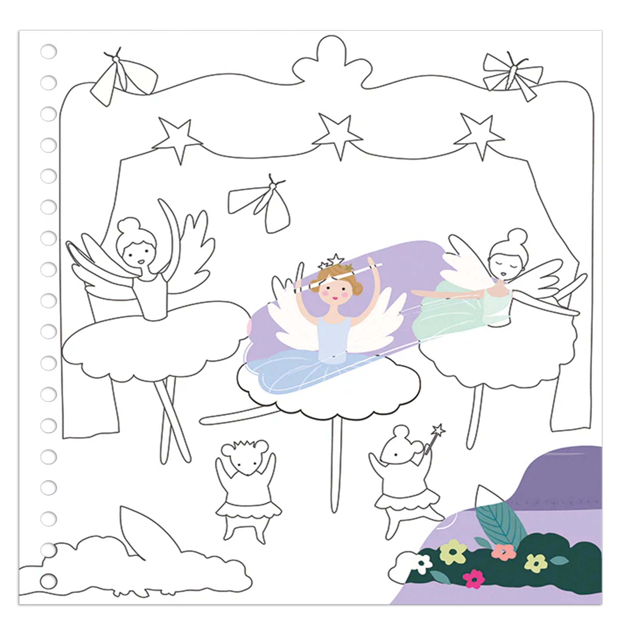 Coloring page with fairy characters and decorative elements on a white background