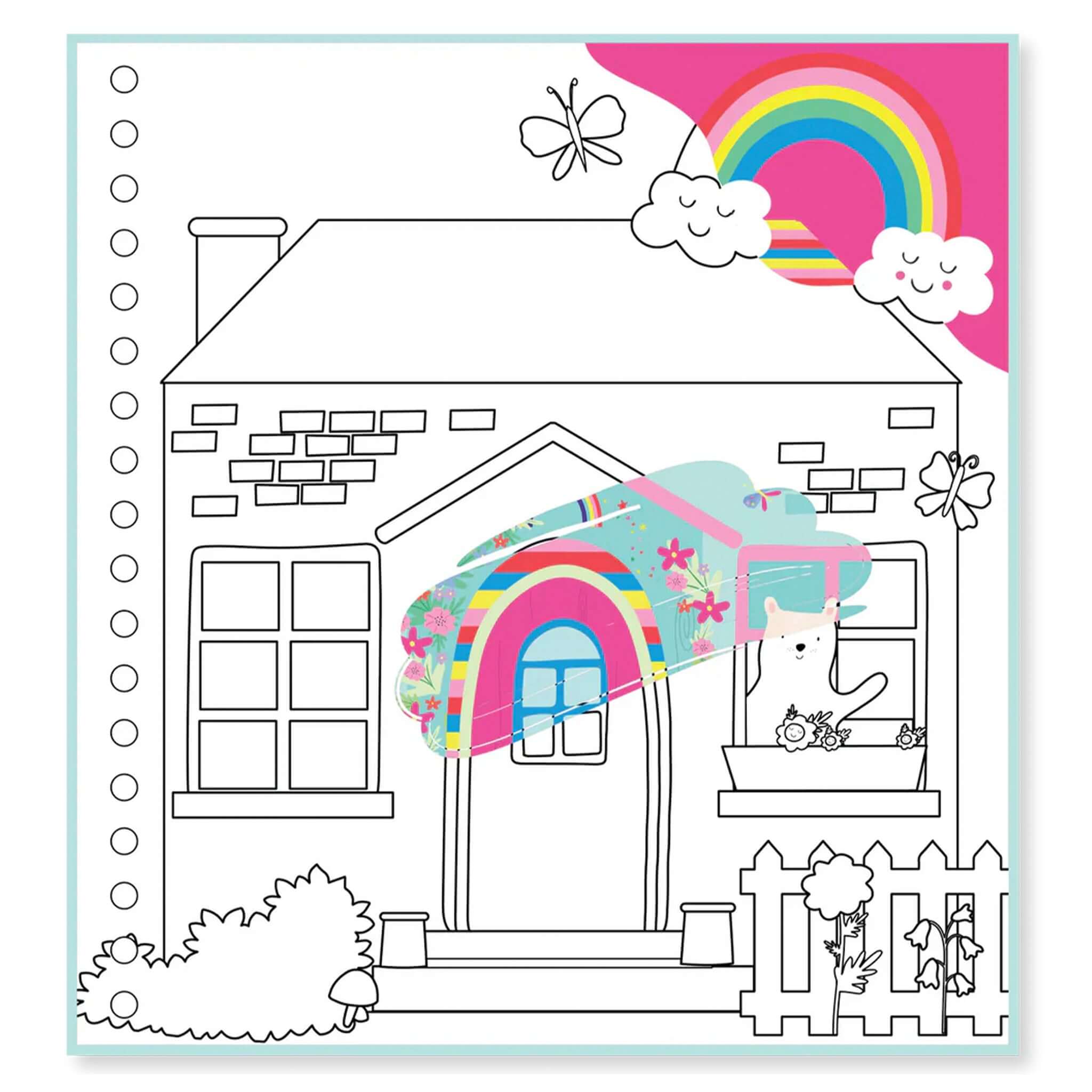 Alt Tag: Floss & Rock Magic Multi Play Activity Book - Rainbow Fairy reusable activity page with rainbow fairy house scene to colour and decorate
