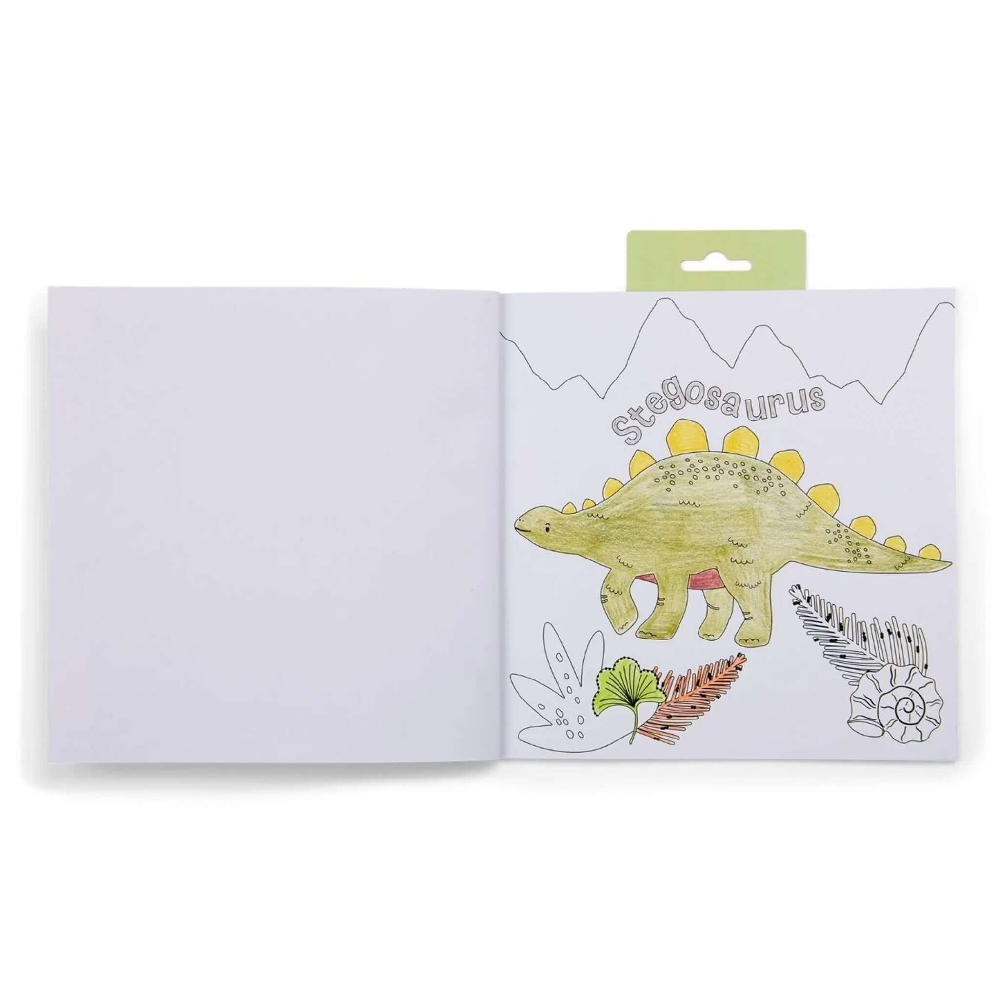Floss & Rock My Colouring Book Scribble Sniff - Dino open book showing stegosaurus colouring page and blank page