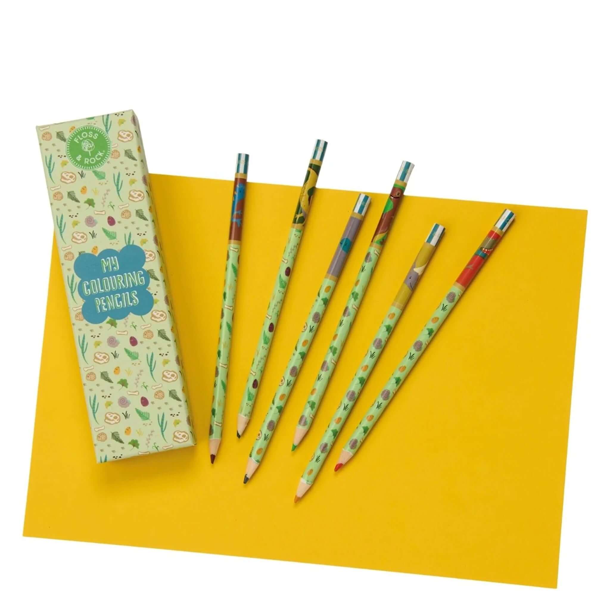 Alt Tag: Floss & Rock My Colouring Pencils - Dino set with 6 vibrant dinosaur print pencils and sturdy box for kids’ drawing