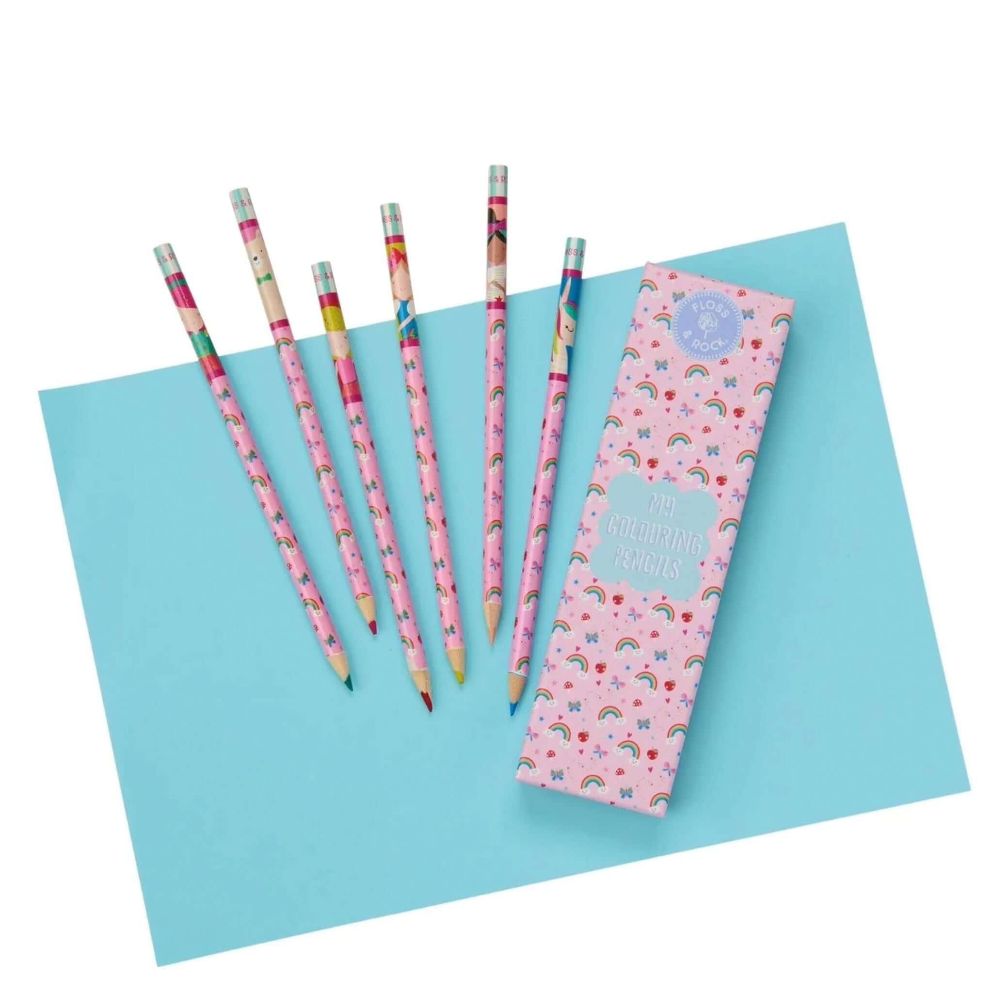 Alt Tag: Floss & Rock My Colouring Pencils - Rainbow Fairy set with 6 vibrant rainbow fairy print pencils in matching box for kids’ drawing