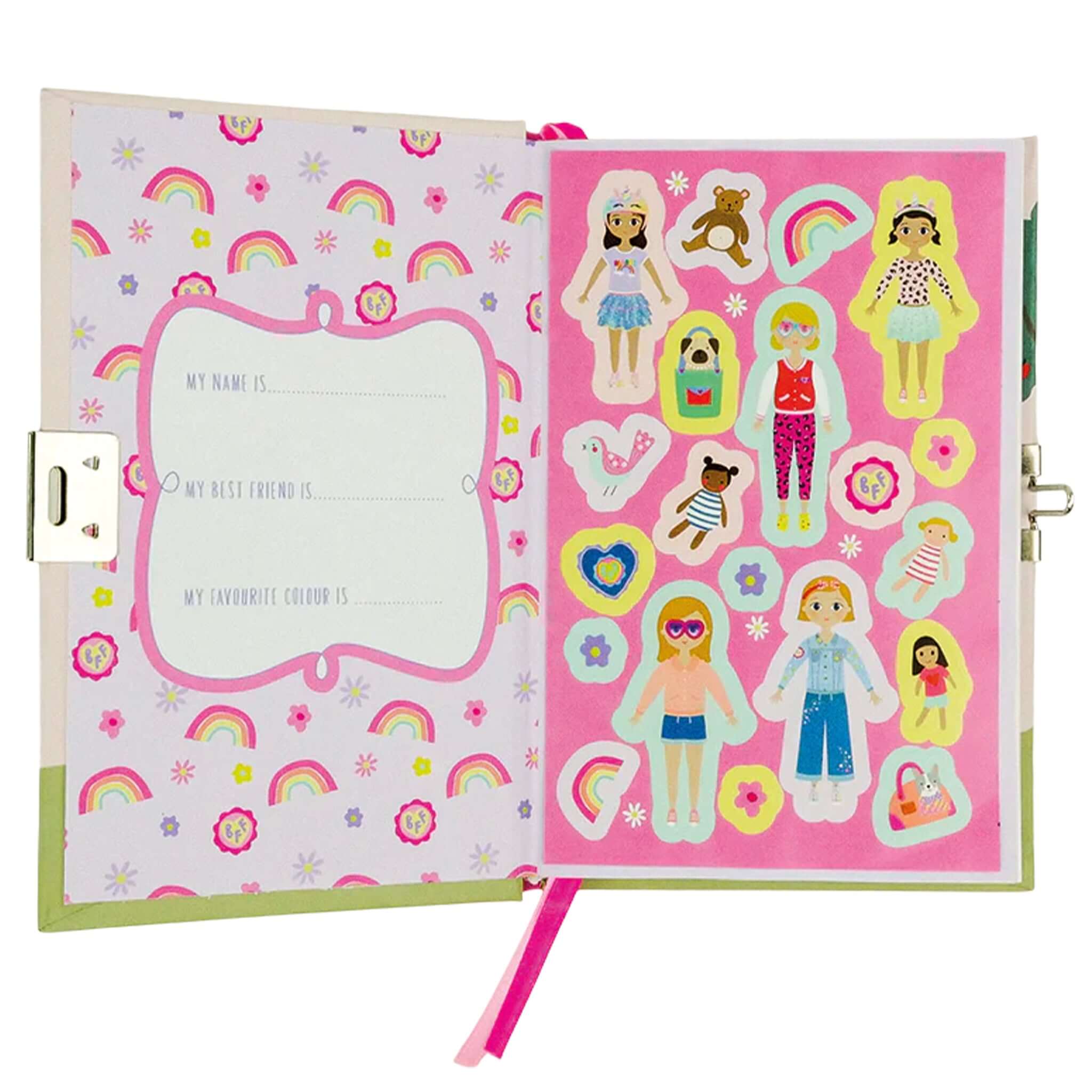 Floss & Rock My Scented Secret Diary - Best Friends inside pages with stickers and colorful designs.