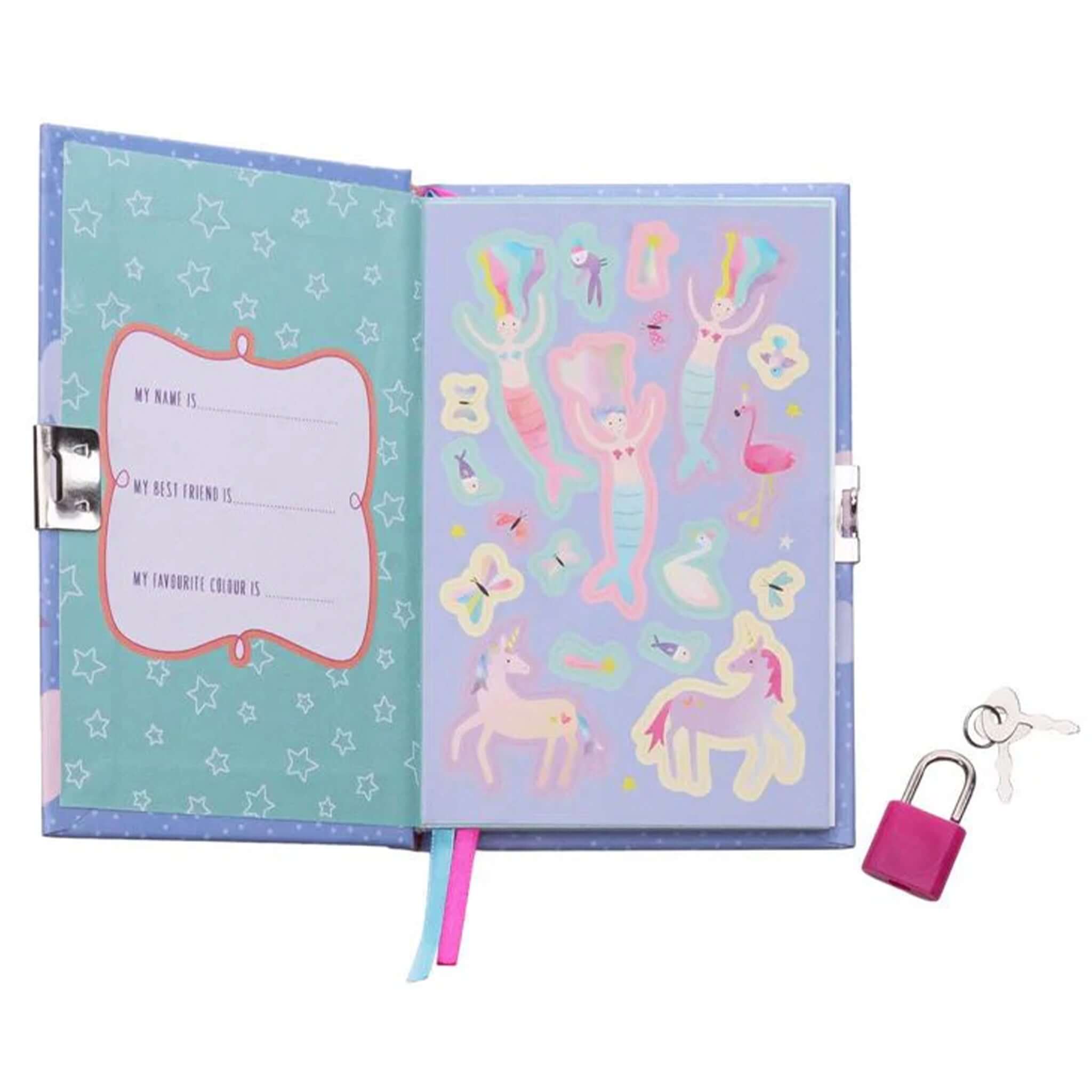Alt Tag: Floss & Rock My Scented Secret Diary - Fantasy open diary with unicorn and mermaid design, padlock and key